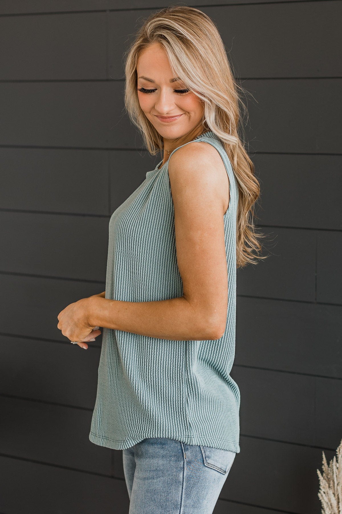 Playing It Cool Knit Tank Top- Dusty Blue
