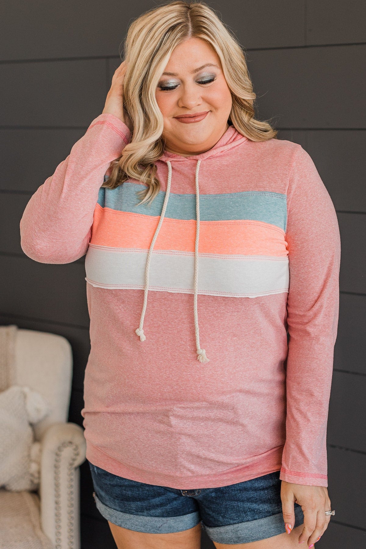 All Over This Striped Hooded Top- Salmon Pink