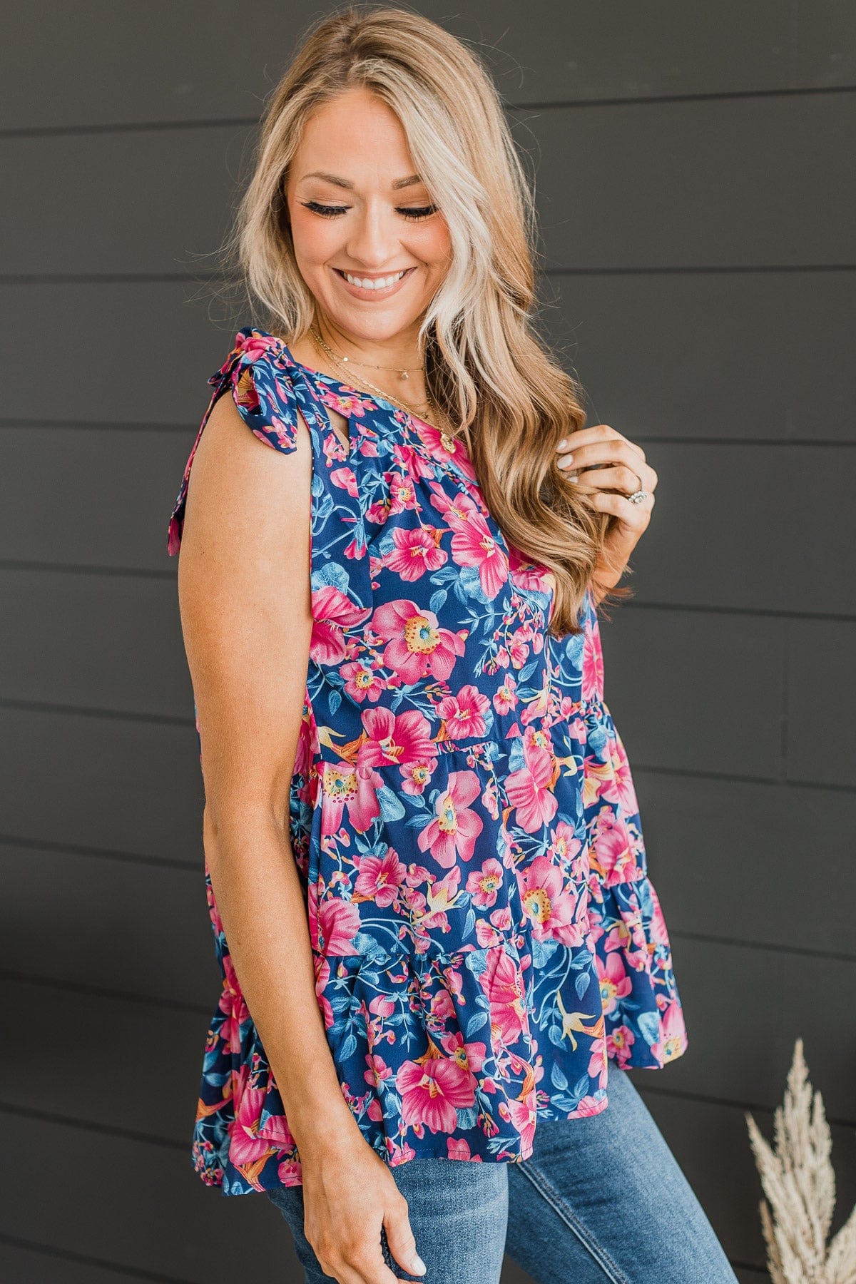 Fond Memories One-Shoulder Tank Top- Navy & Pink