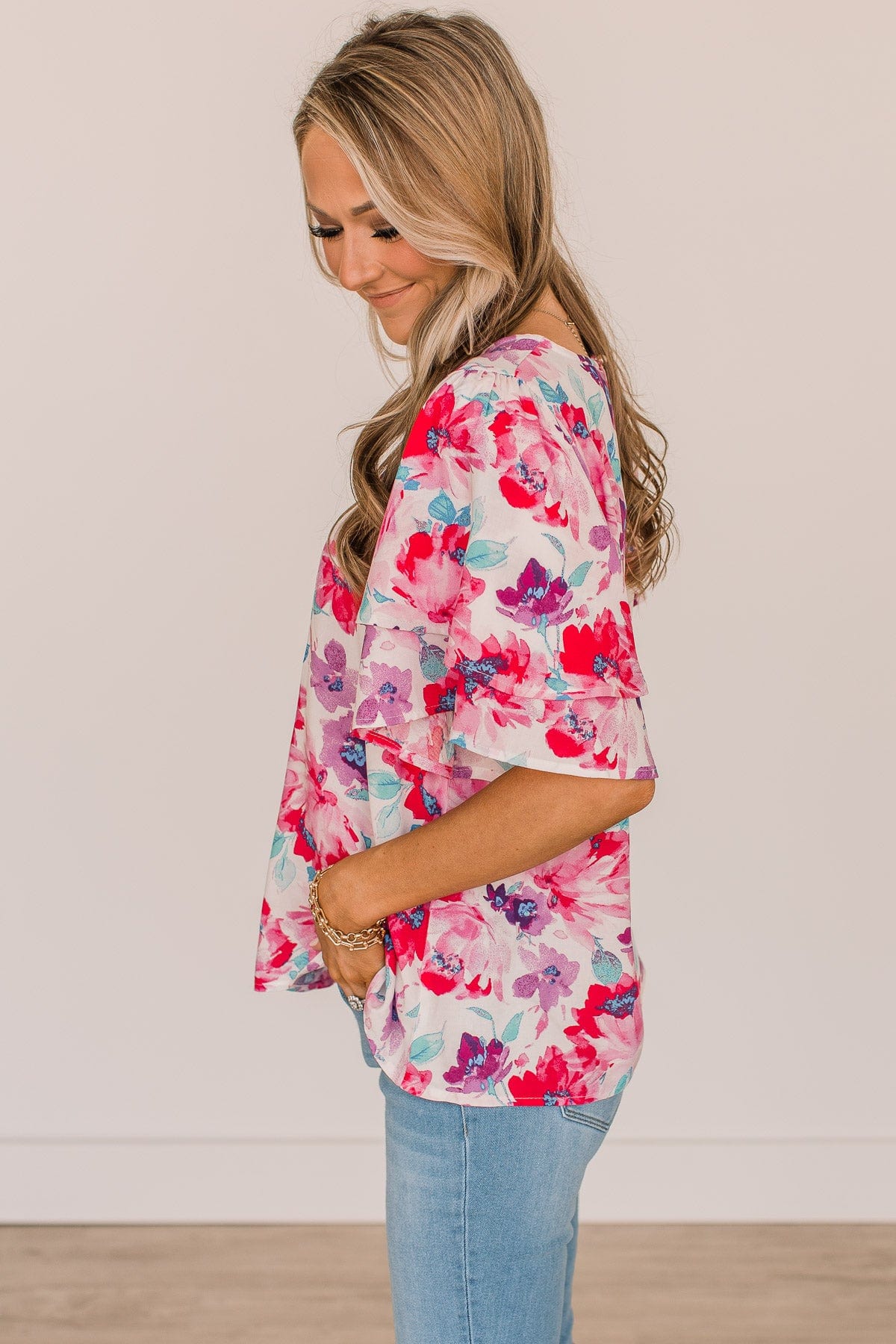 Love You Most Floral Blouse- Ivory, Fuchsia, & Purple