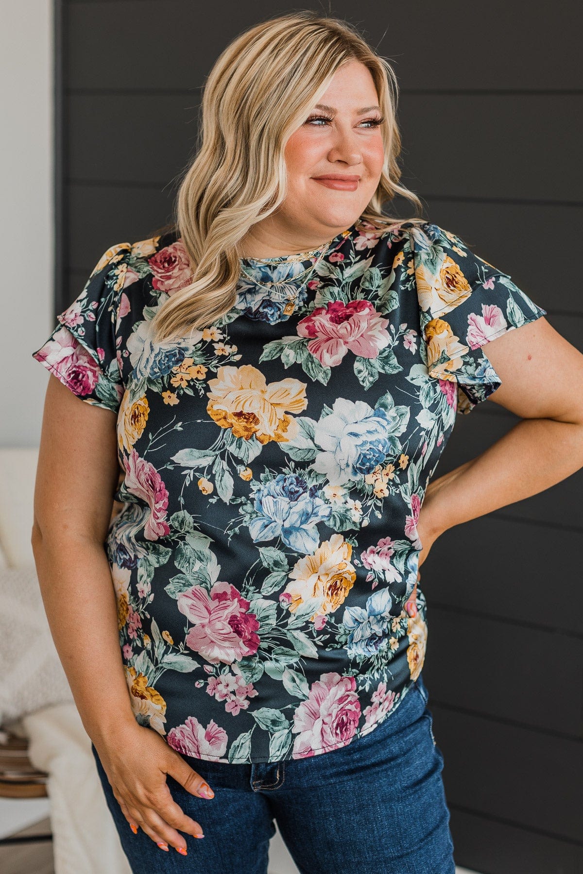 Wonderful Ways Floral Top- Navy