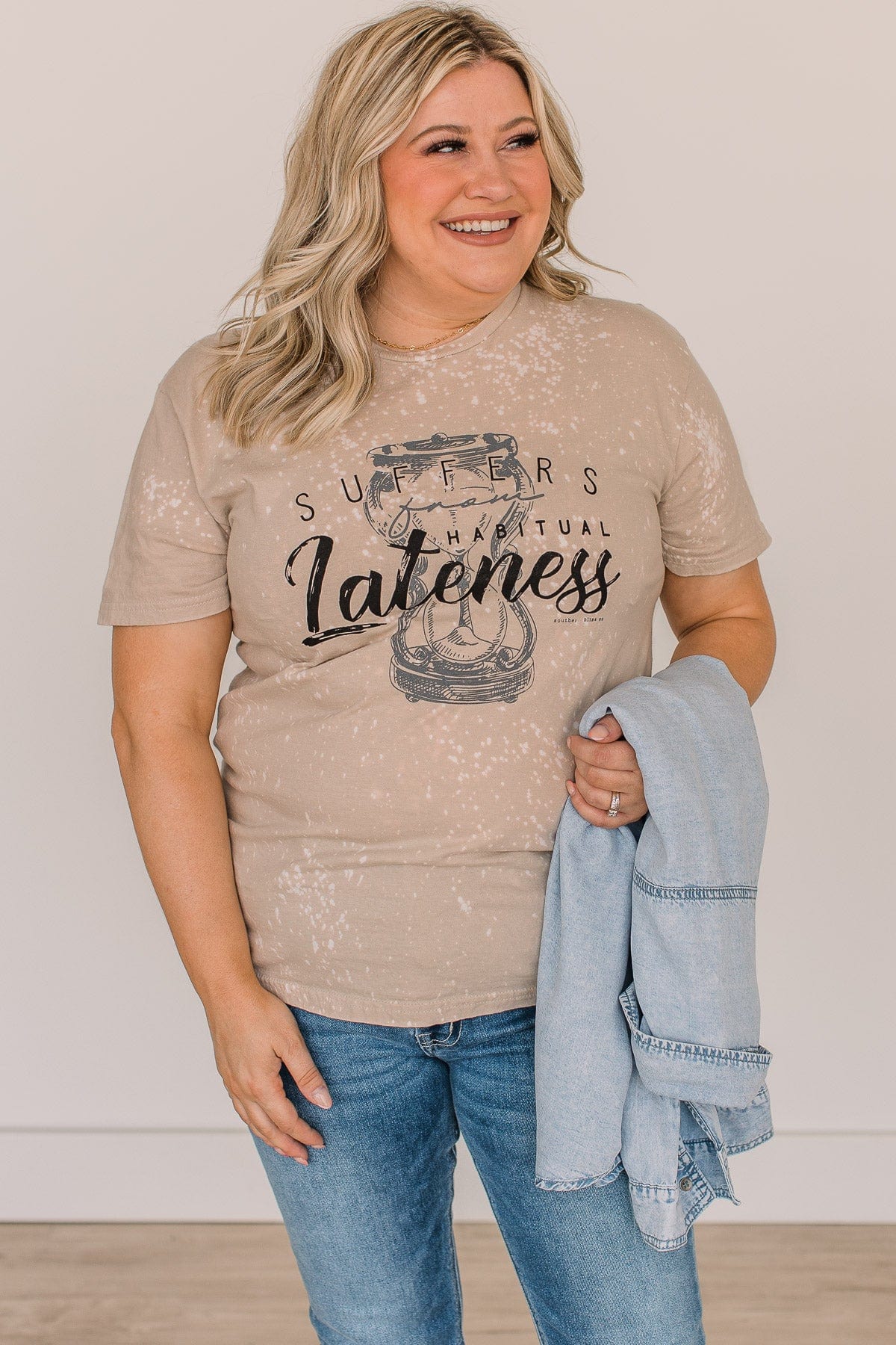 "Suffers From Habitual Lateness" Graphic Tee- Light Taupe