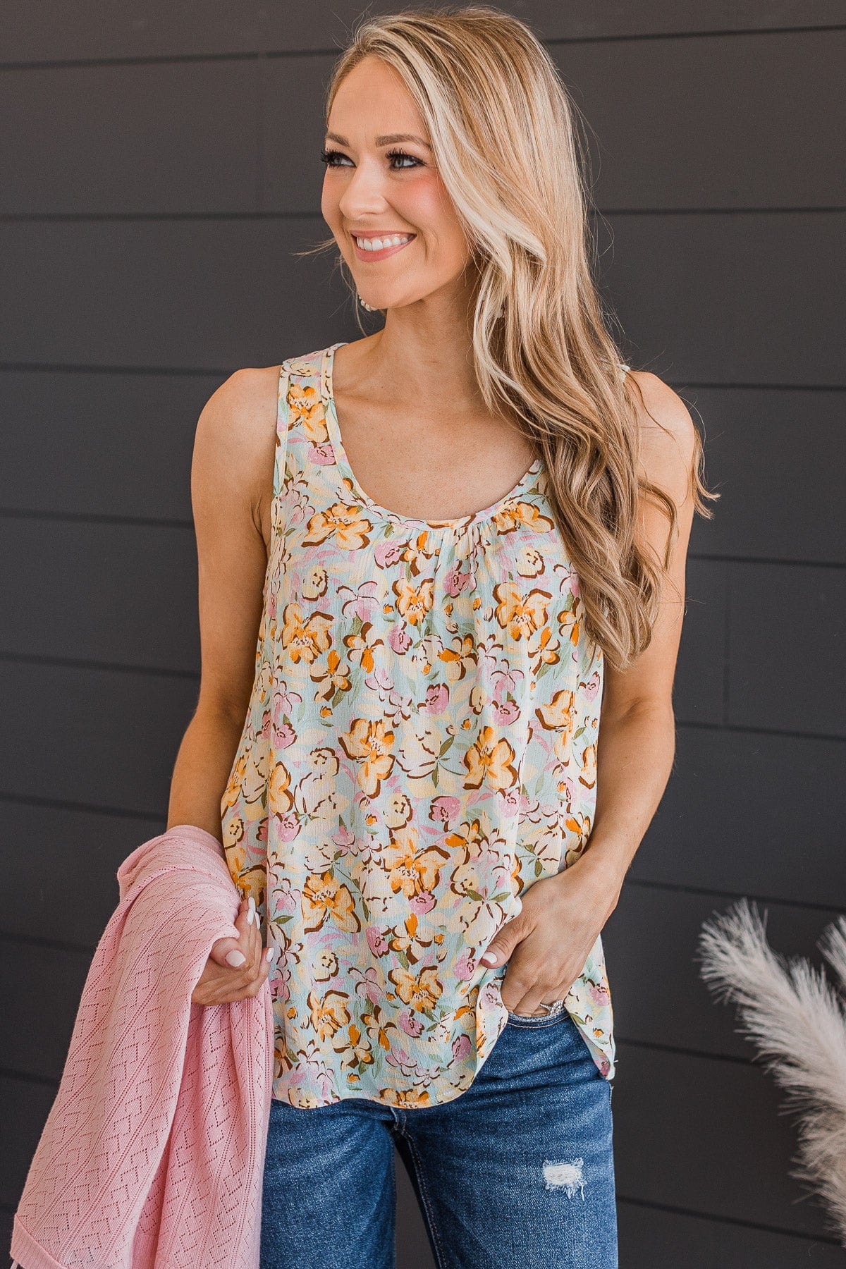 Found My Way Floral Tank Top- Light Blue