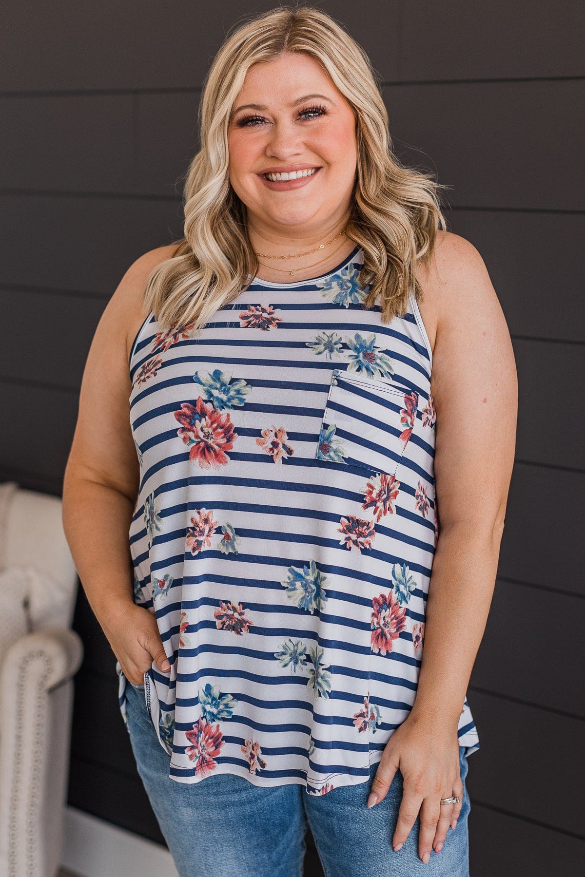 Got A Feeling Floral & Stripe Tank Top- Ivory & Navy