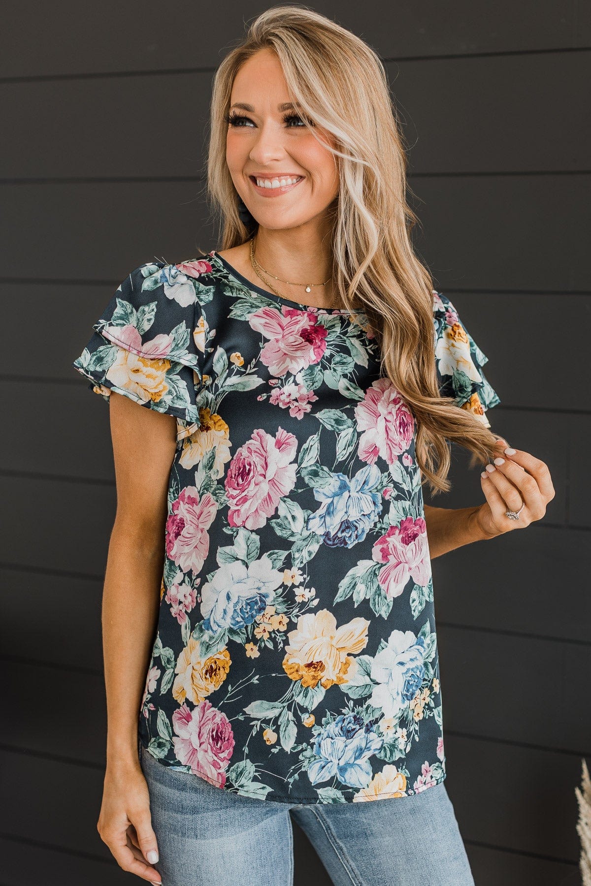 Wonderful Ways Floral Top- Navy
