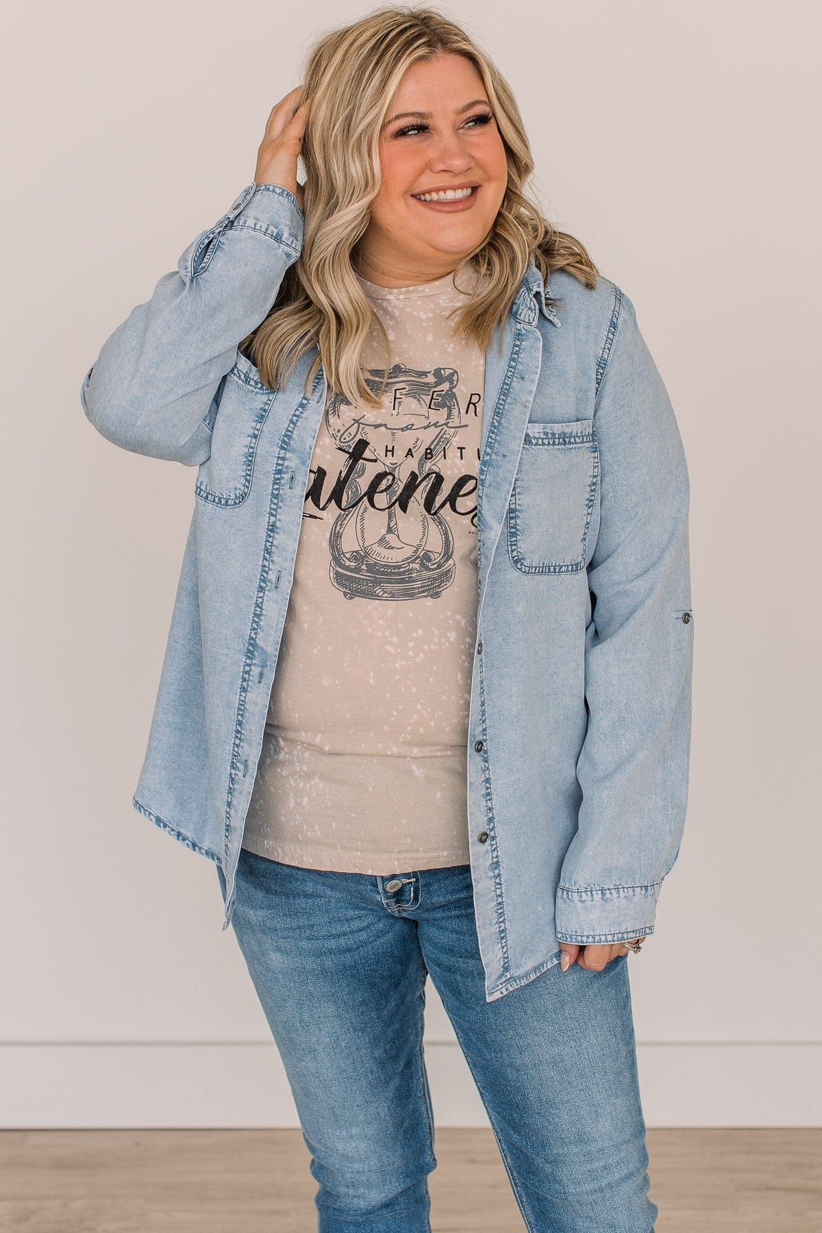 In The Meantime Button Up Chambray Top- Light Denim