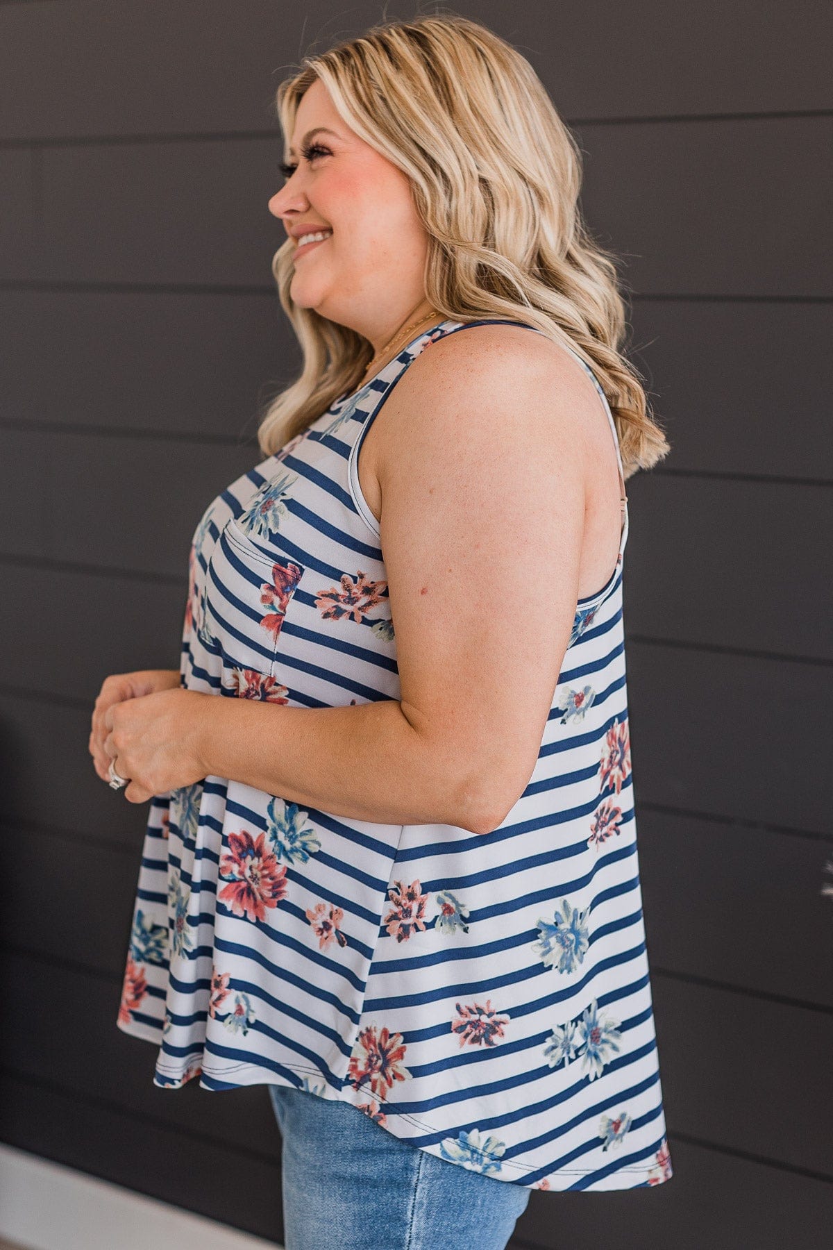 Got A Feeling Floral & Stripe Tank Top- Ivory & Navy
