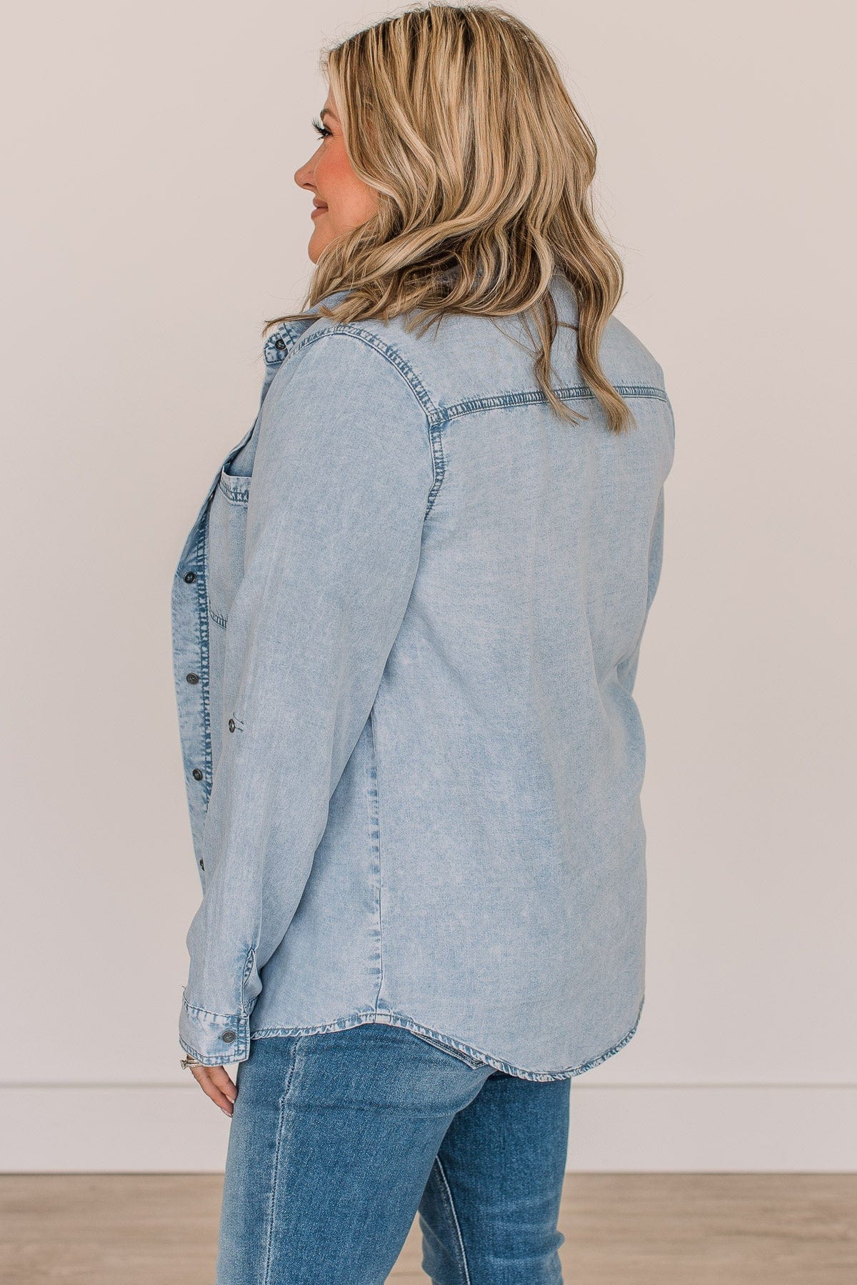 In The Meantime Button Up Chambray Top- Light Denim