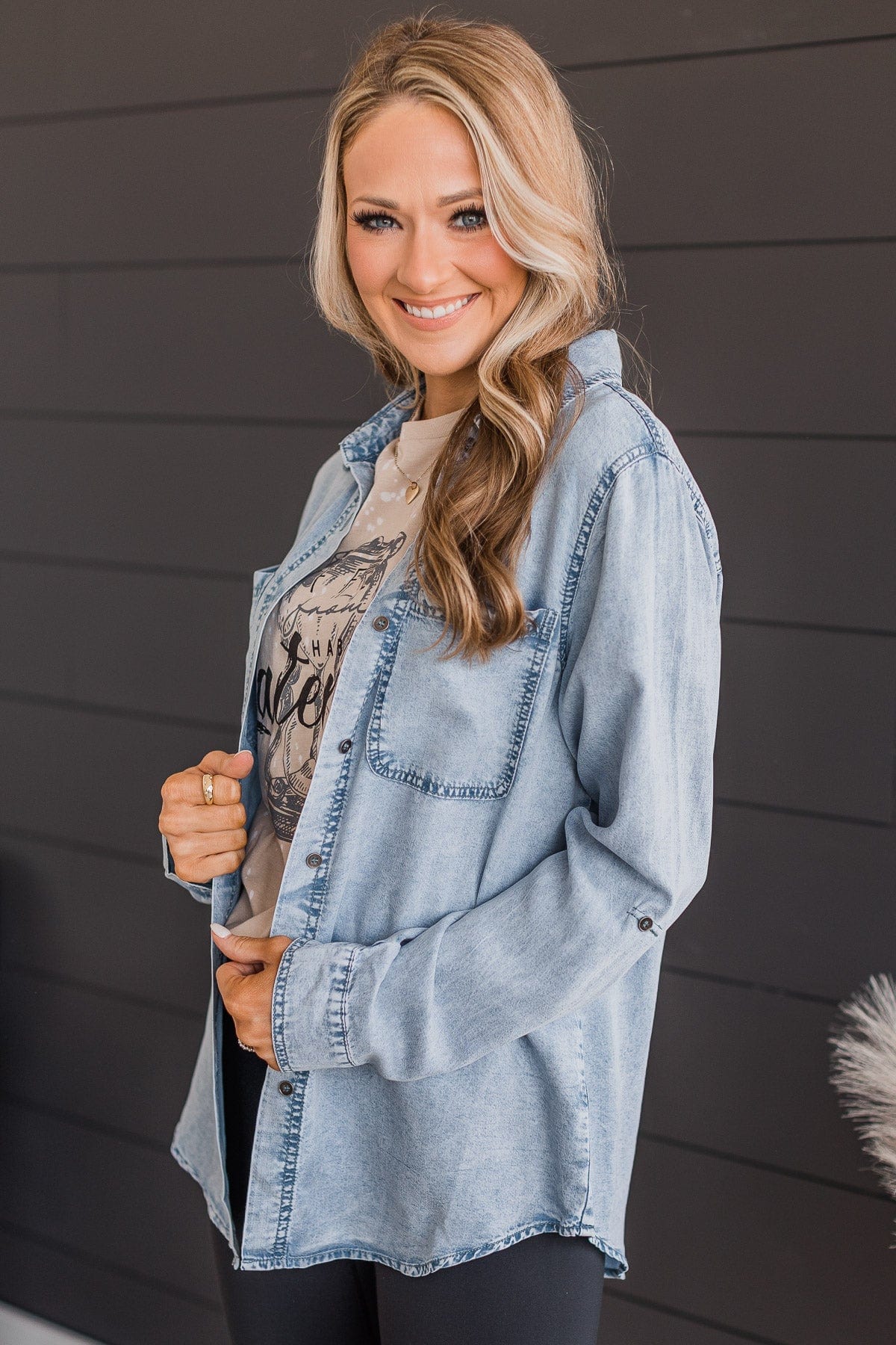 In The Meantime Button Up Chambray Top- Light Denim