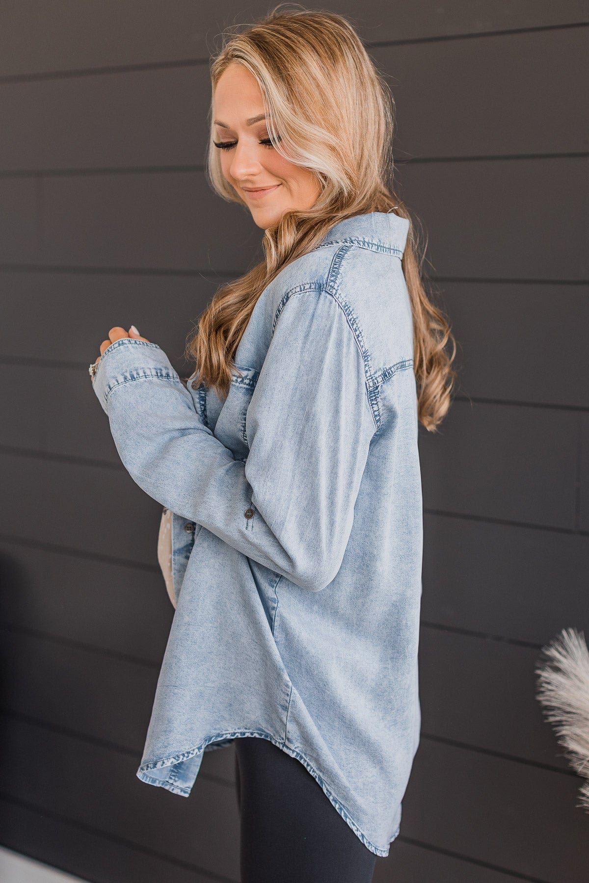 In The Meantime Button Up Chambray Top- Light Denim