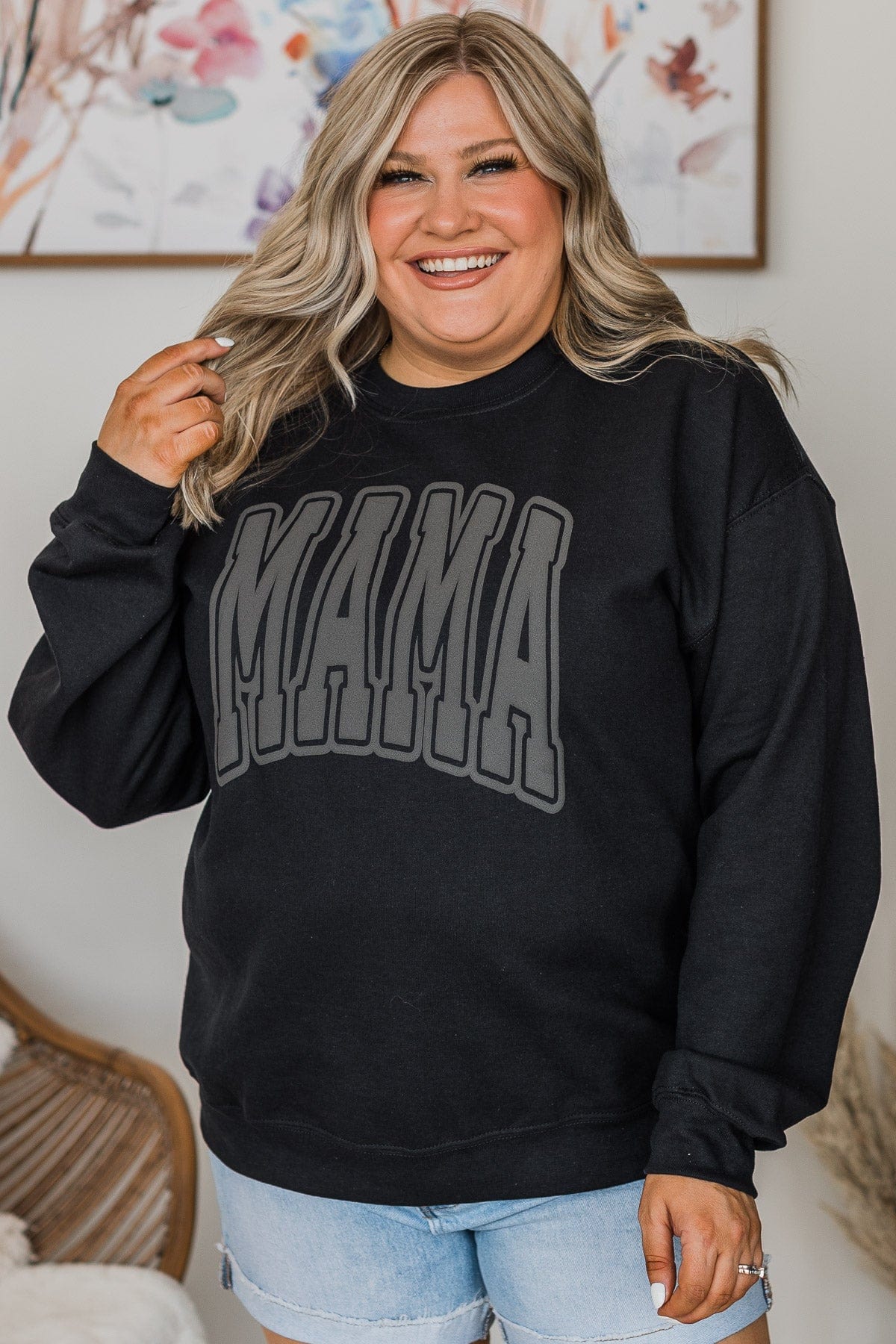 "Mama" Varsity Crew Neck Pullover- Black
