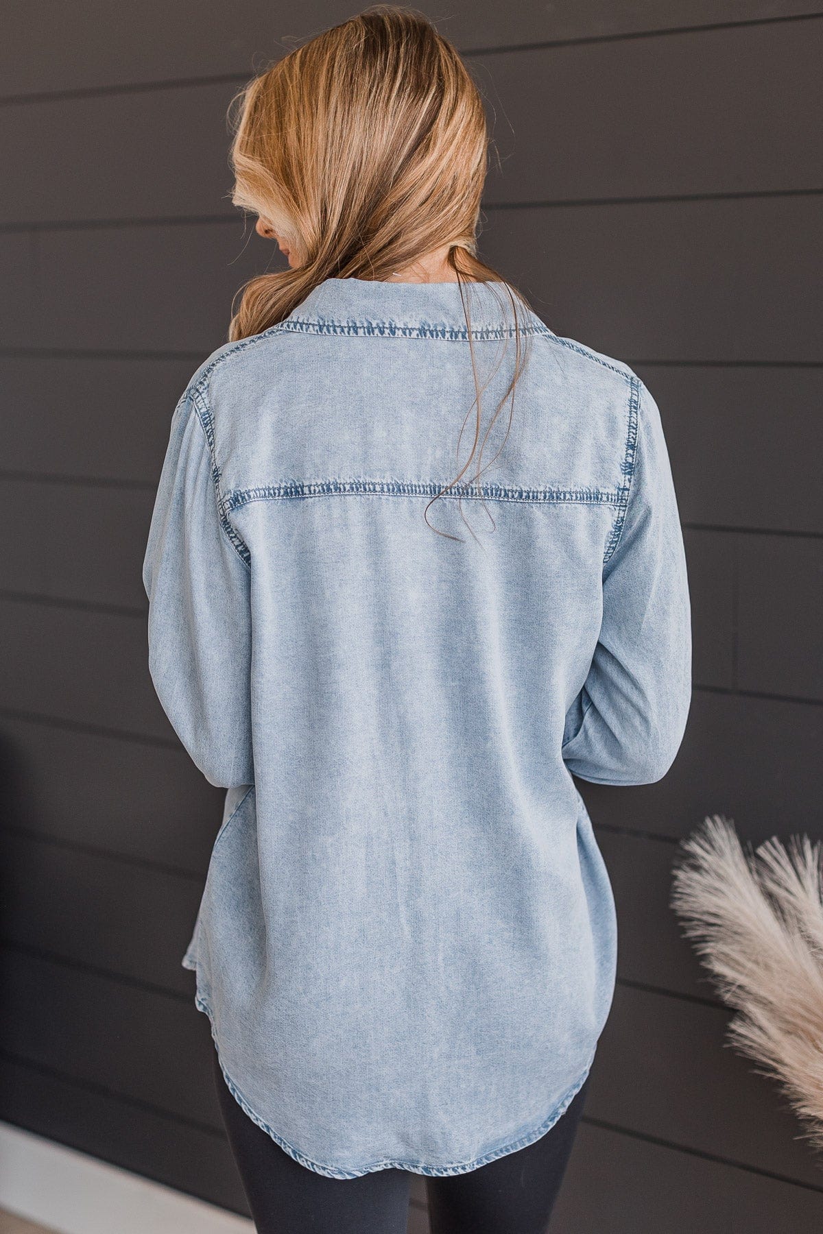 In The Meantime Button Up Chambray Top- Light Denim