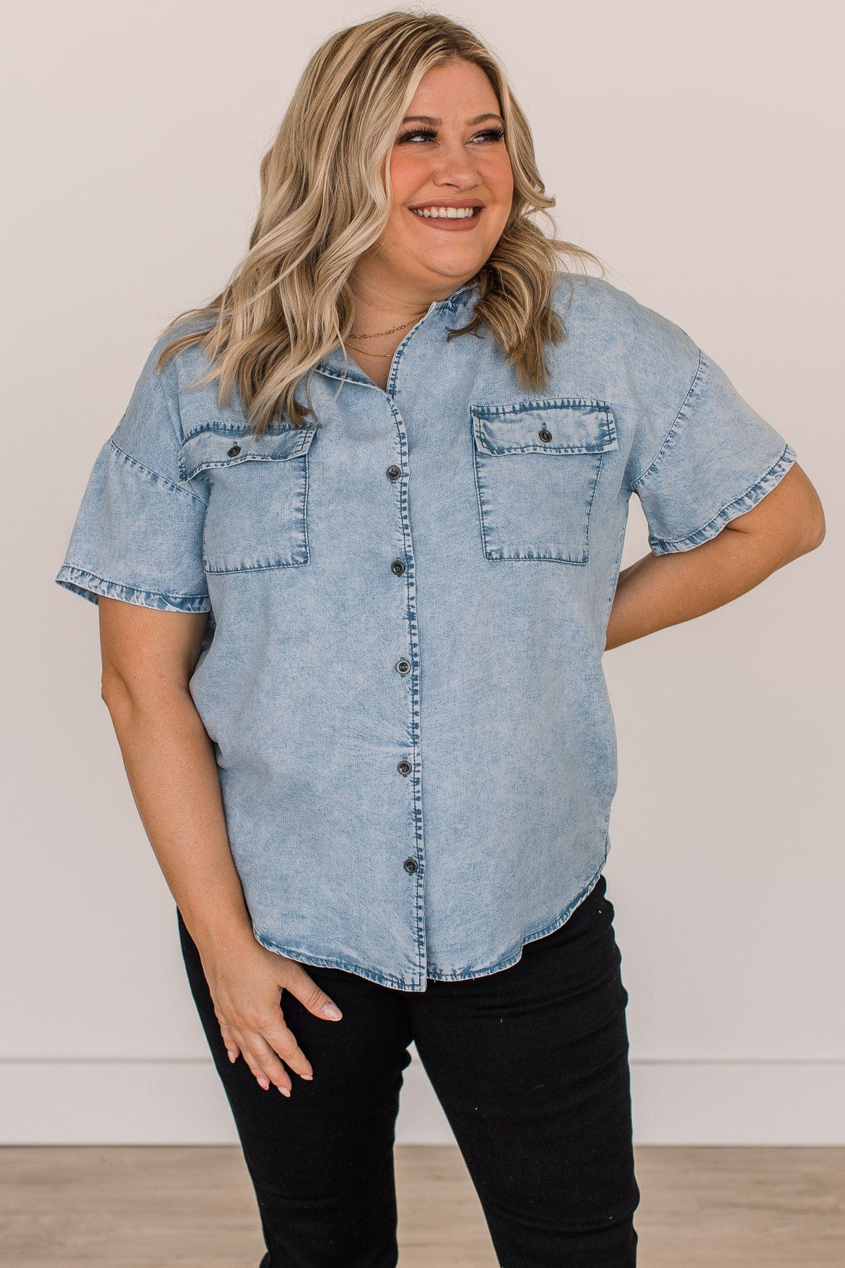 Weekend Adventures Short Sleeve Chambray Top- Light Denim