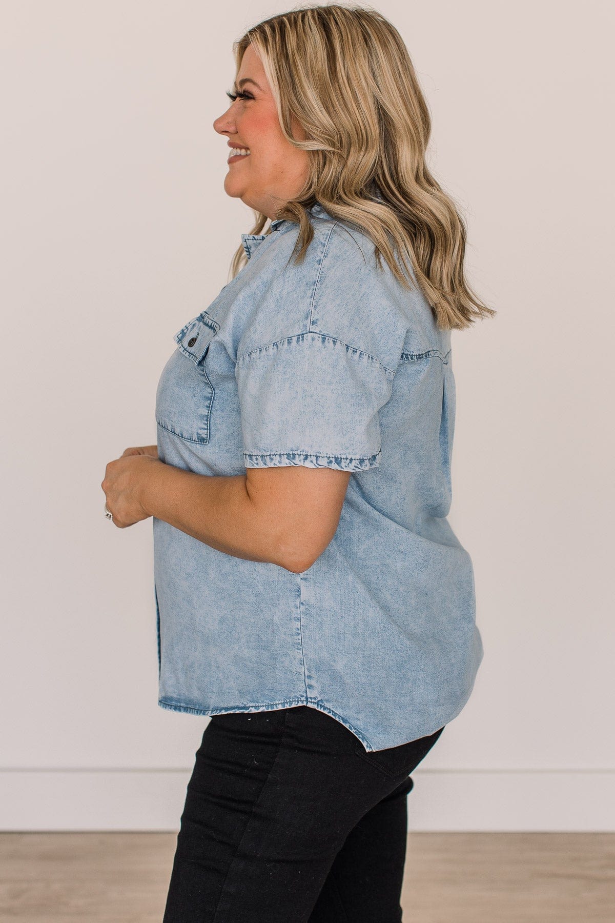Weekend Adventures Short Sleeve Chambray Top- Light Denim