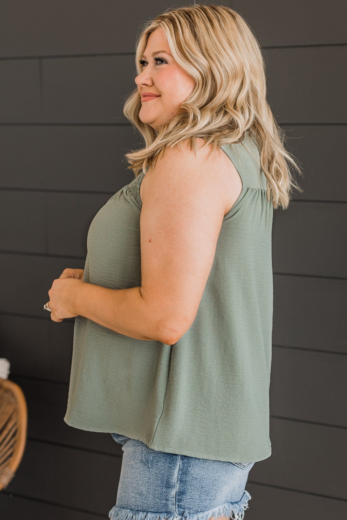 In A Daydream Smocked Tank Top- Sage