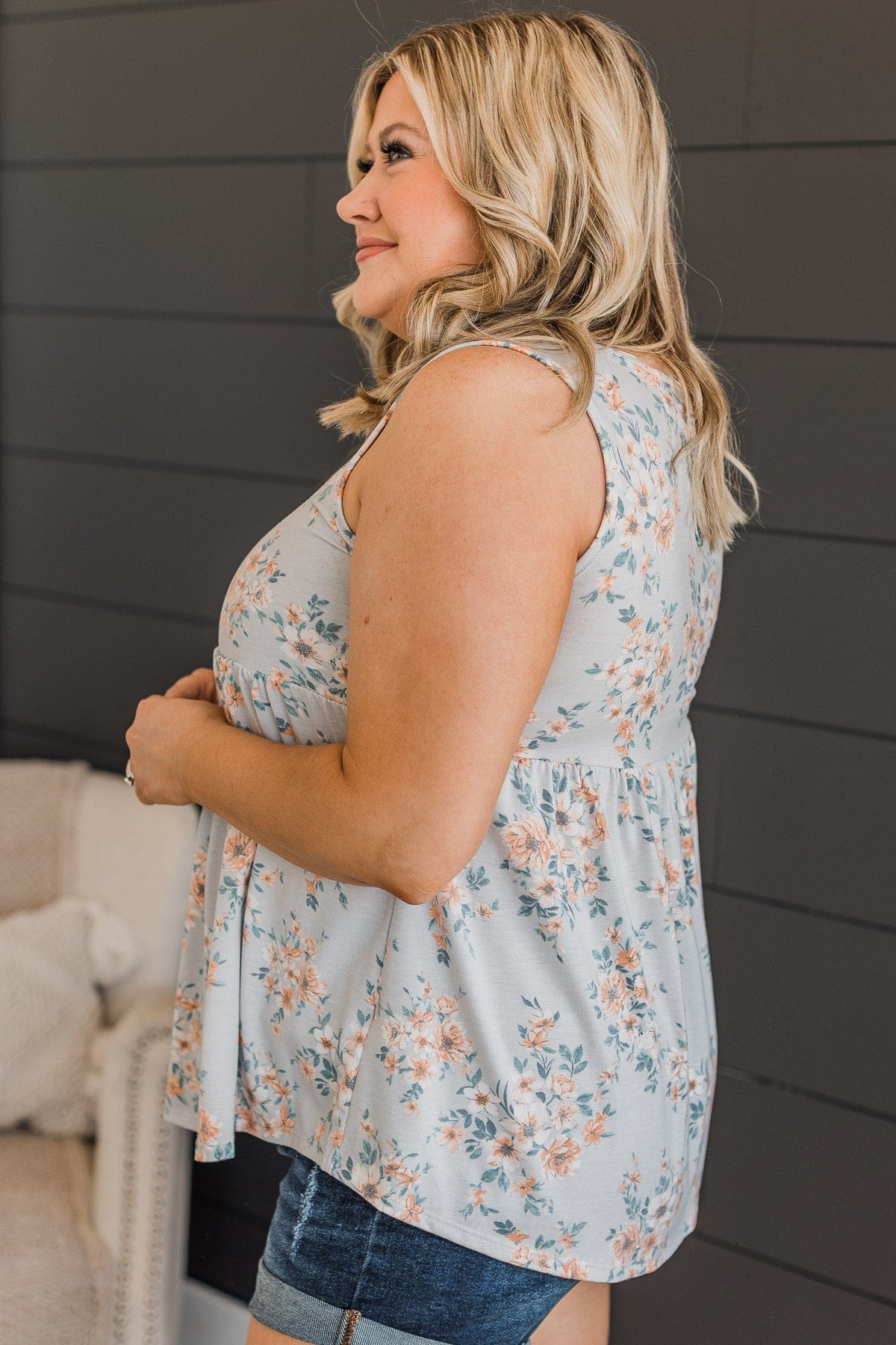 Wish Me Luck Floral Tank Top- Grey