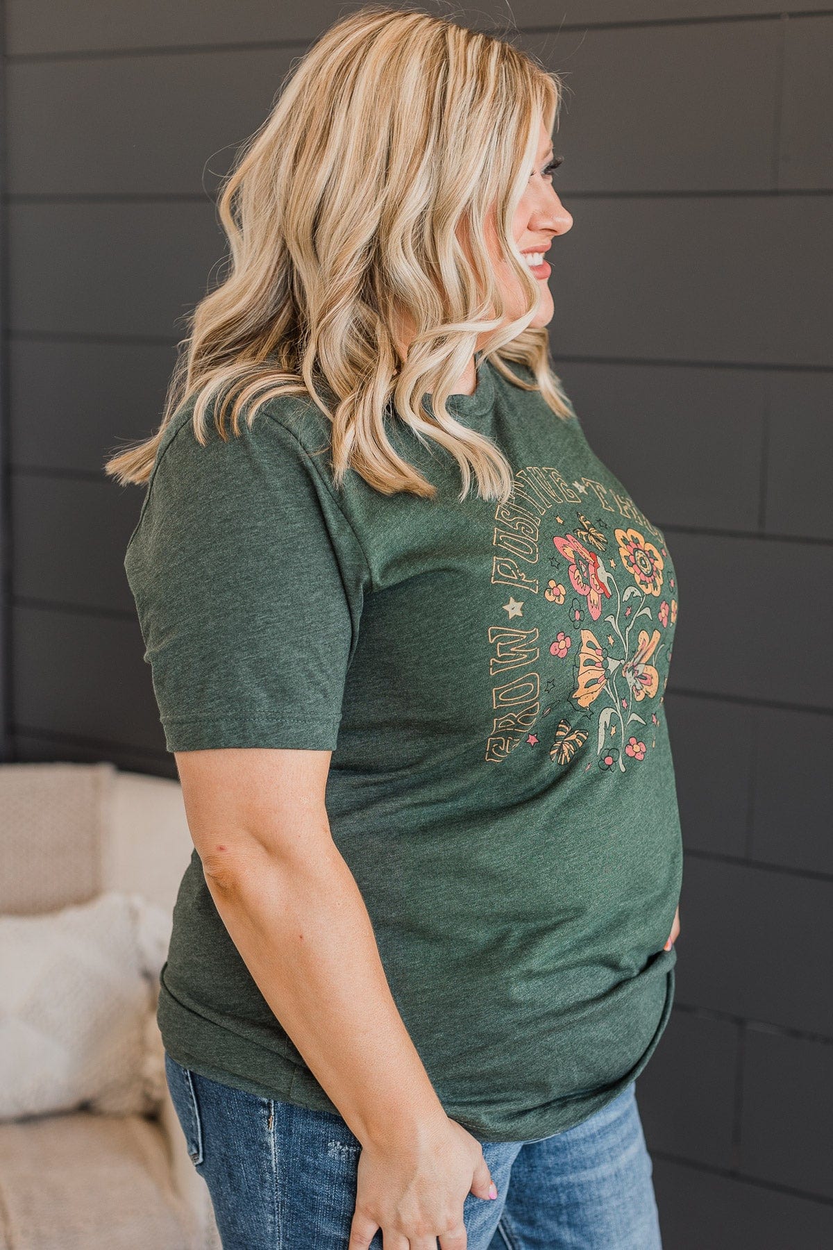 "Grow Positive Thoughts" Graphic Tee- Forest Green