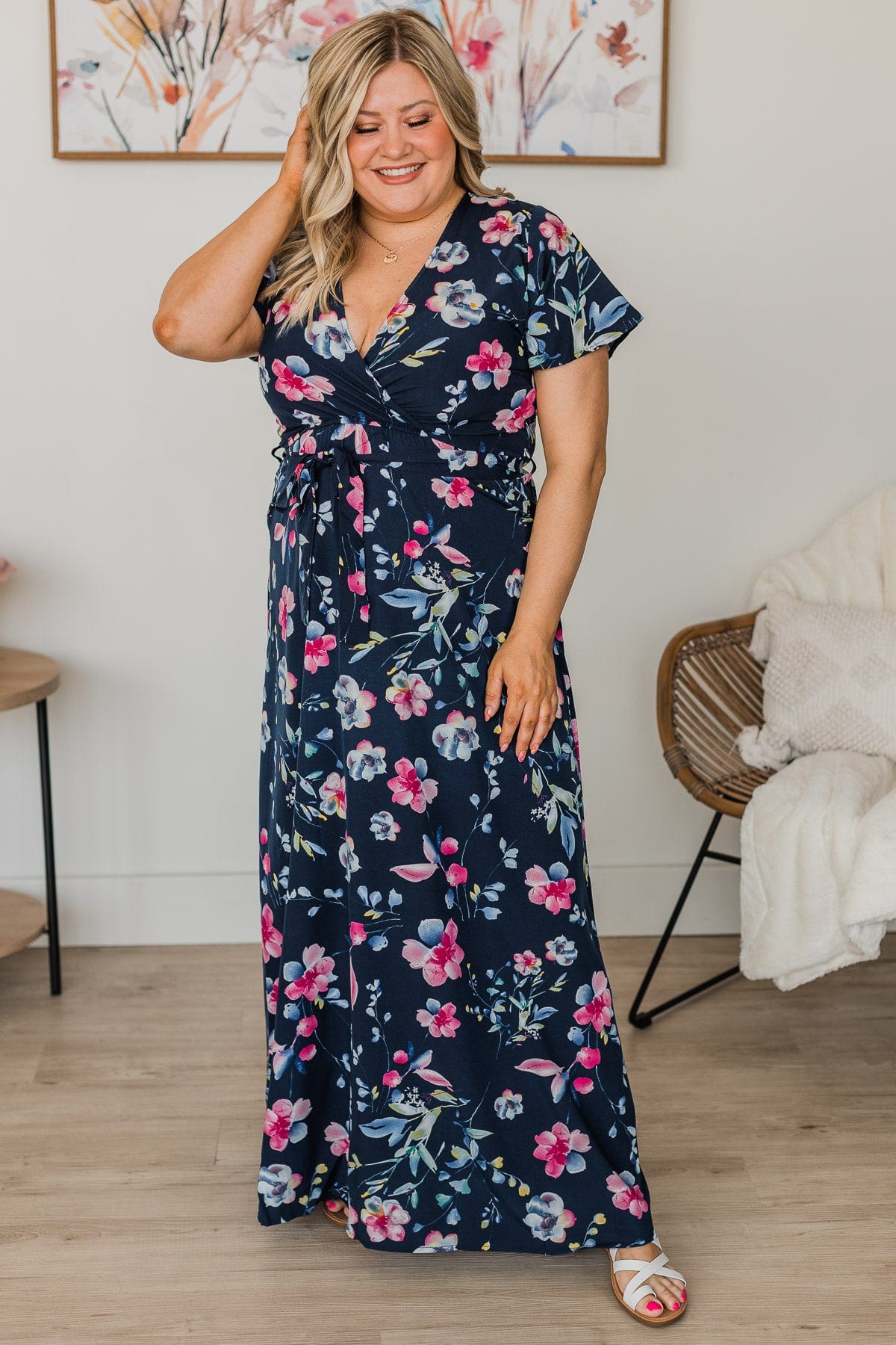 navy blue floral maxi dress Petal and Pup Women's Anisa seamed bodice Navy Blue 3D Floral Applique
