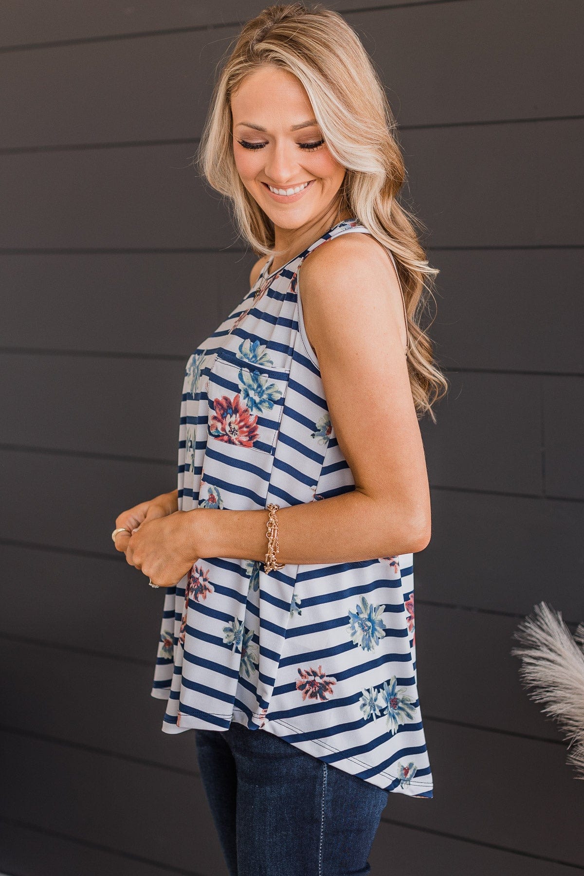 Got A Feeling Floral & Stripe Tank Top- Ivory & Navy
