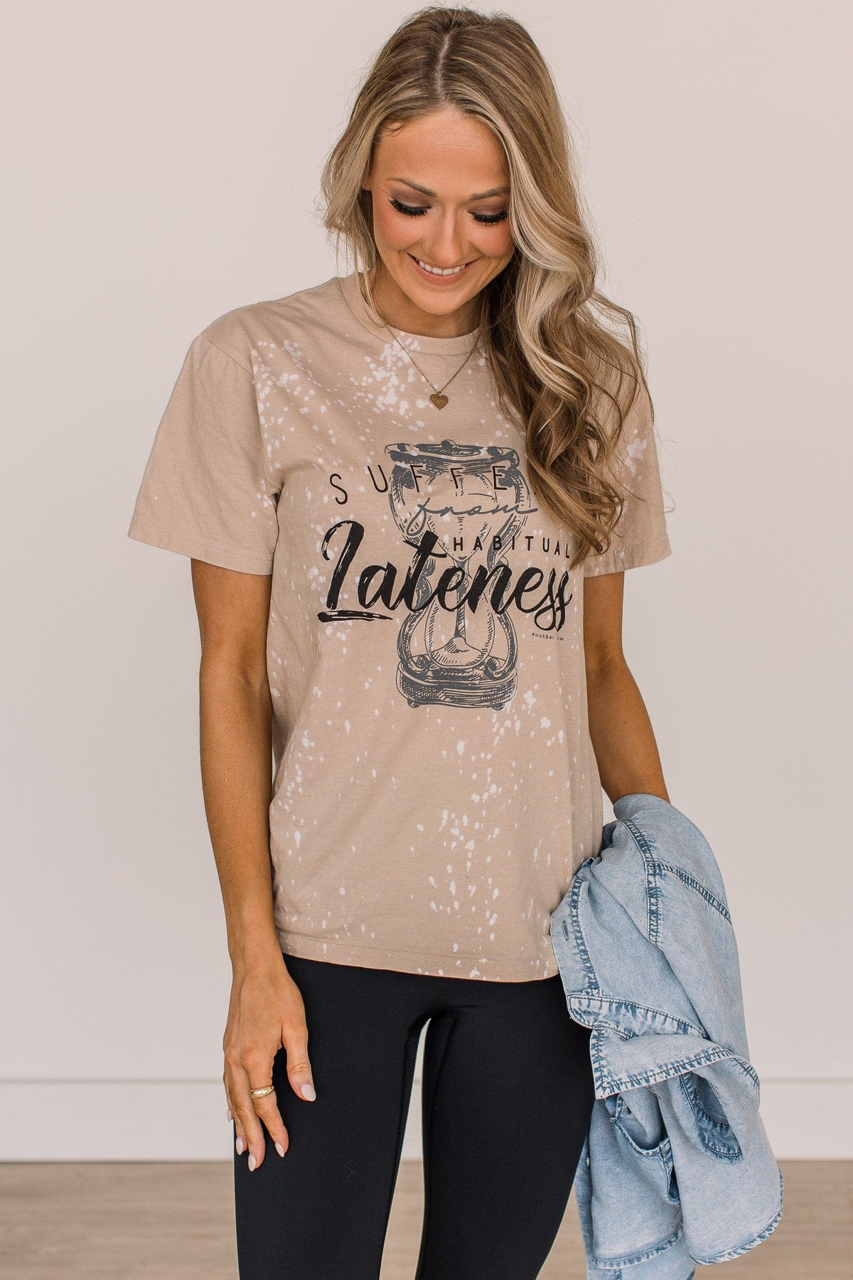 "Suffers From Habitual Lateness" Graphic Tee- Light Taupe