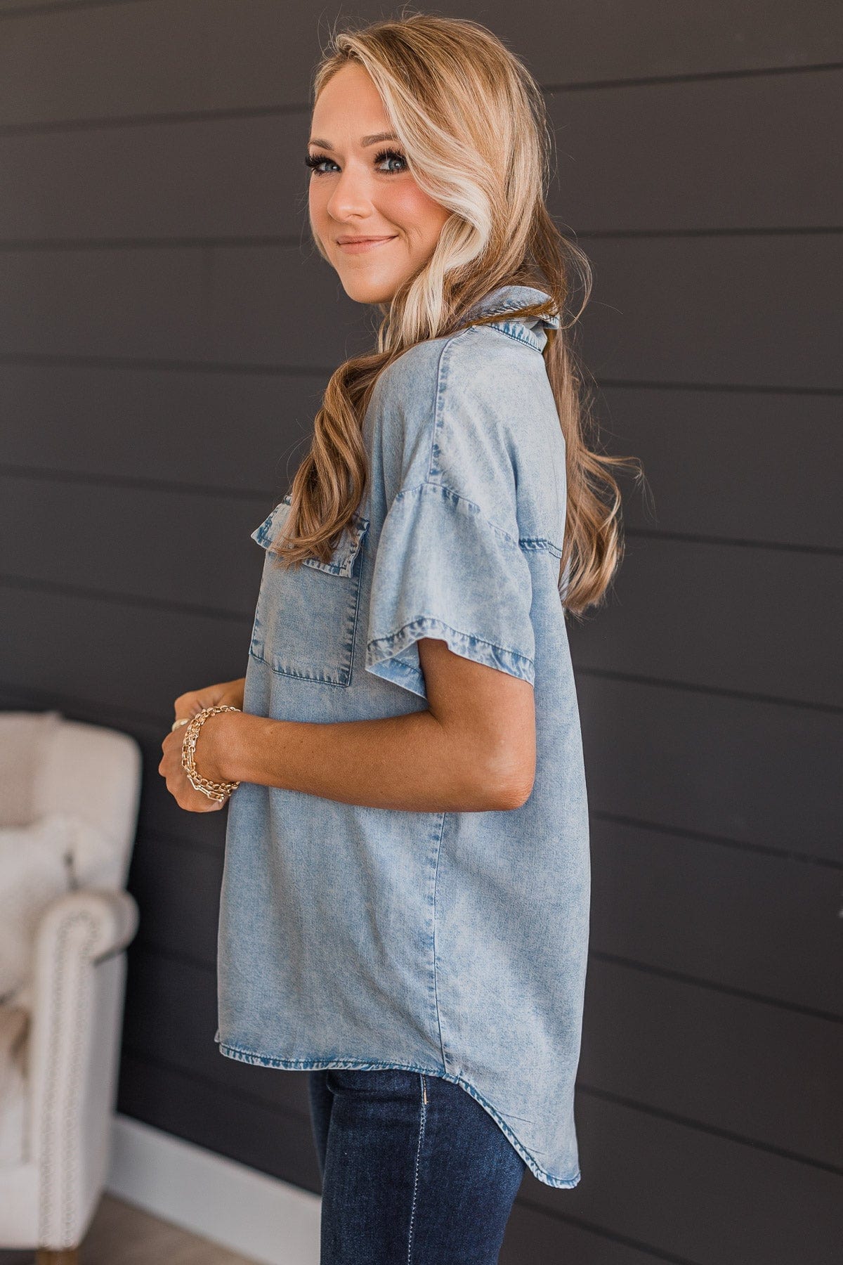 Weekend Adventures Short Sleeve Chambray Top- Light Denim