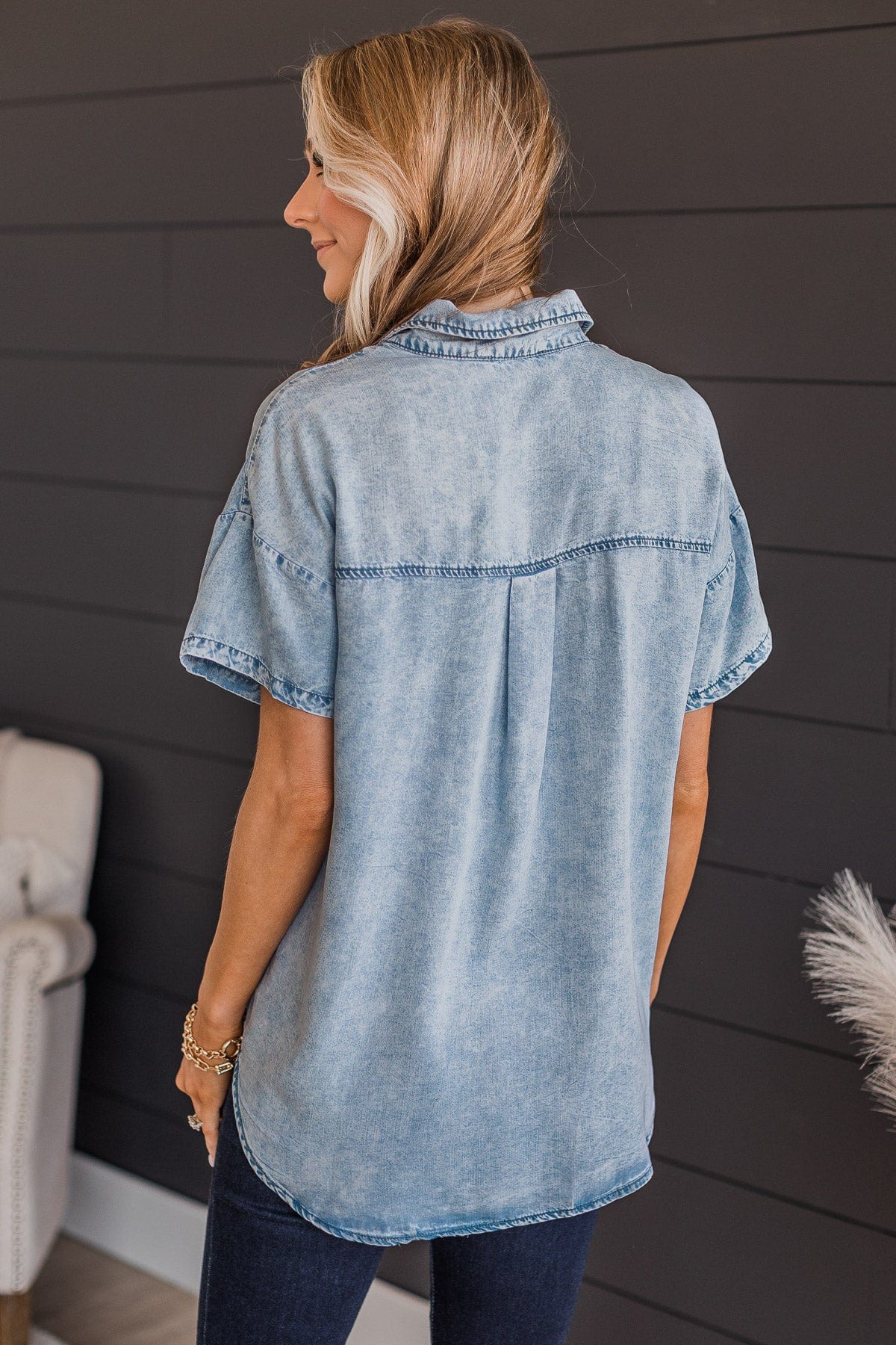 Weekend Adventures Short Sleeve Chambray Top- Light Denim