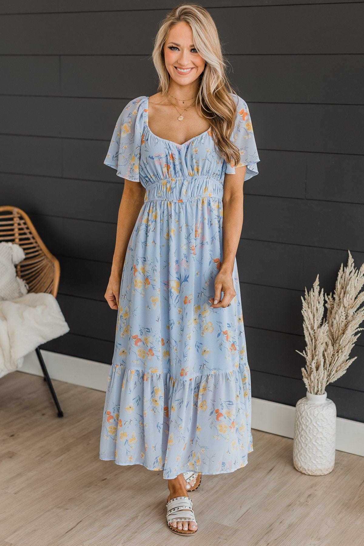Dance It Out Floral Midi Dress- Light Blue Dance It Out Floral Midi Dress- Light Blue