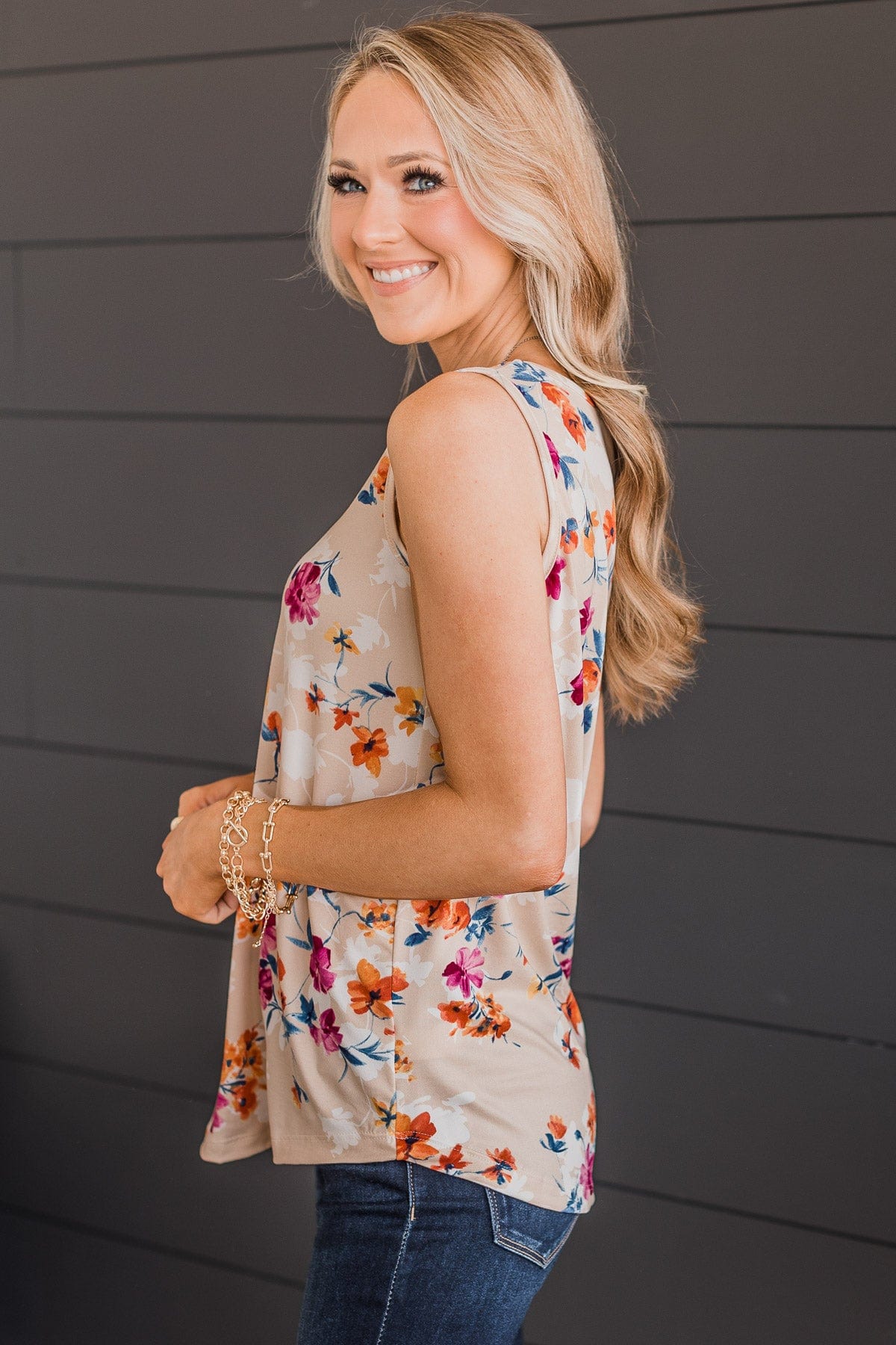 Make It Look Easy Floral Tank Top- Sand