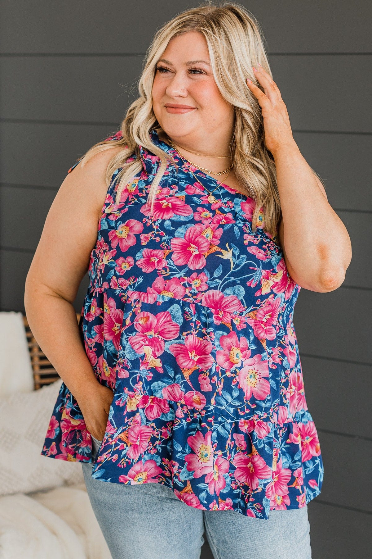 Fond Memories One-Shoulder Tank Top- Navy & Pink