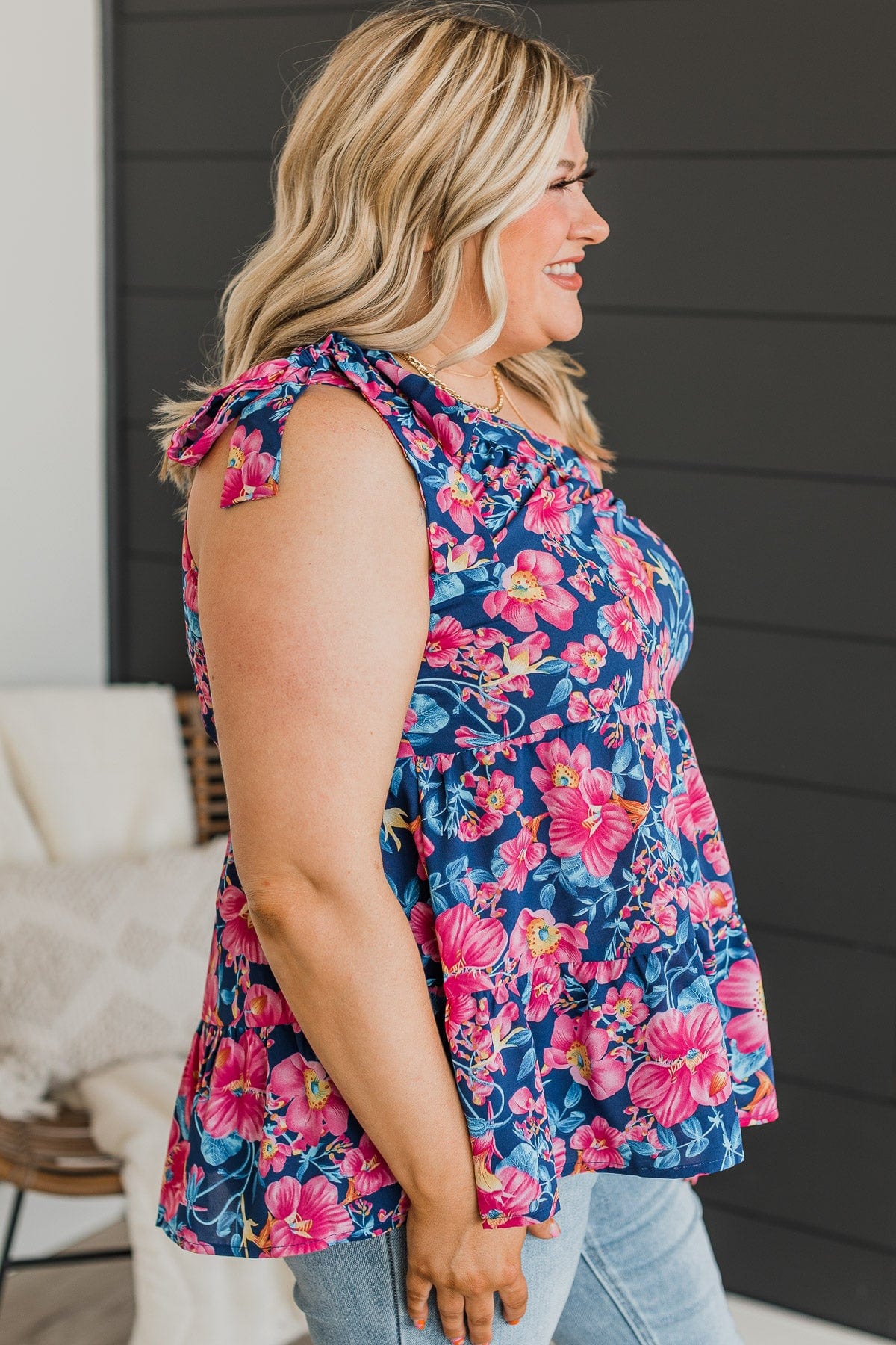 Fond Memories One-Shoulder Tank Top- Navy & Pink