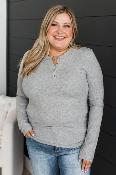 Endless Happiness Long Sleeve Henley Top- Heather Grey