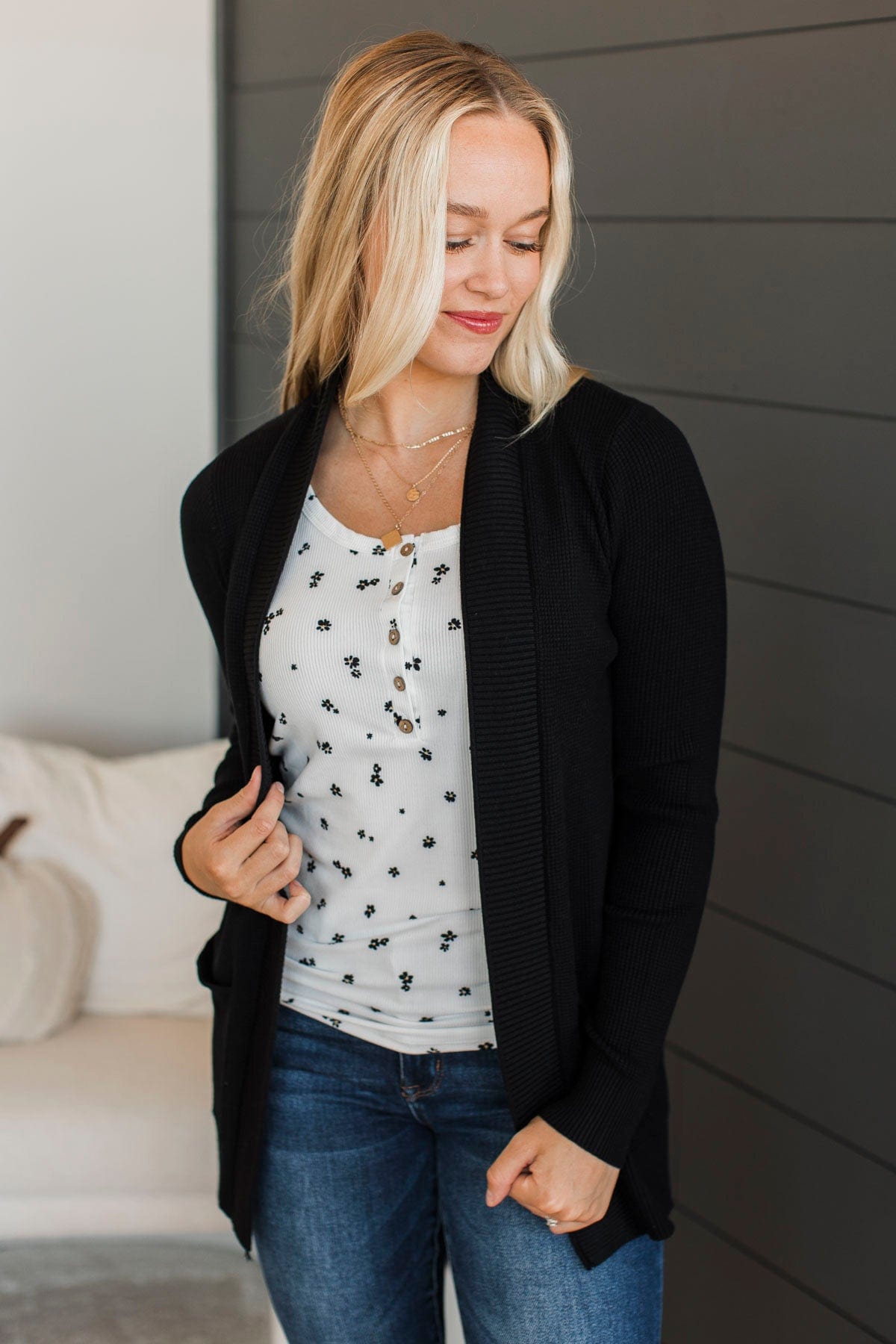 An Afternoon Out Waffle Knit Cardigan Black The Pulse Boutique