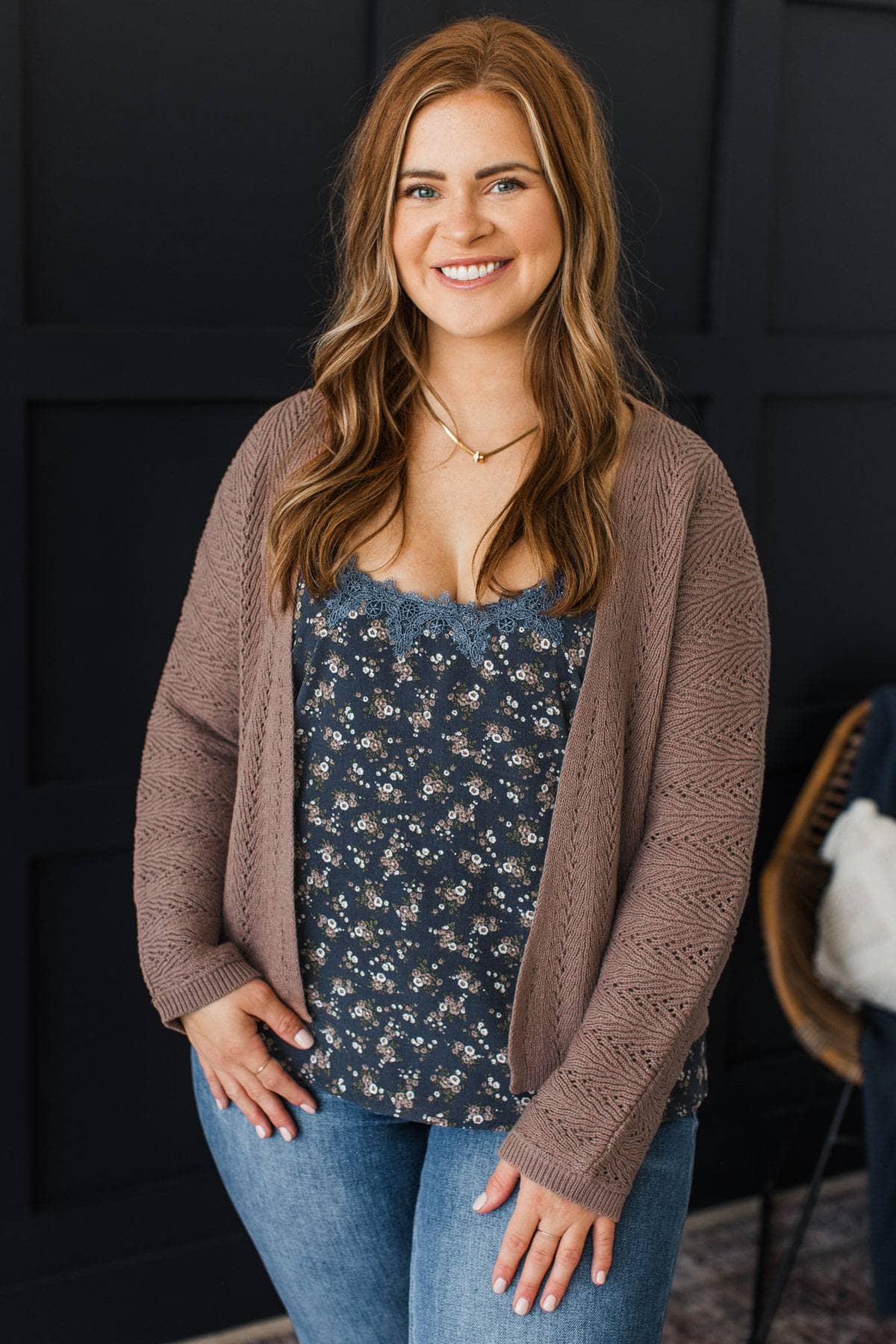 Confident Glow Crochet Knit Cardigan- Mocha Mousse