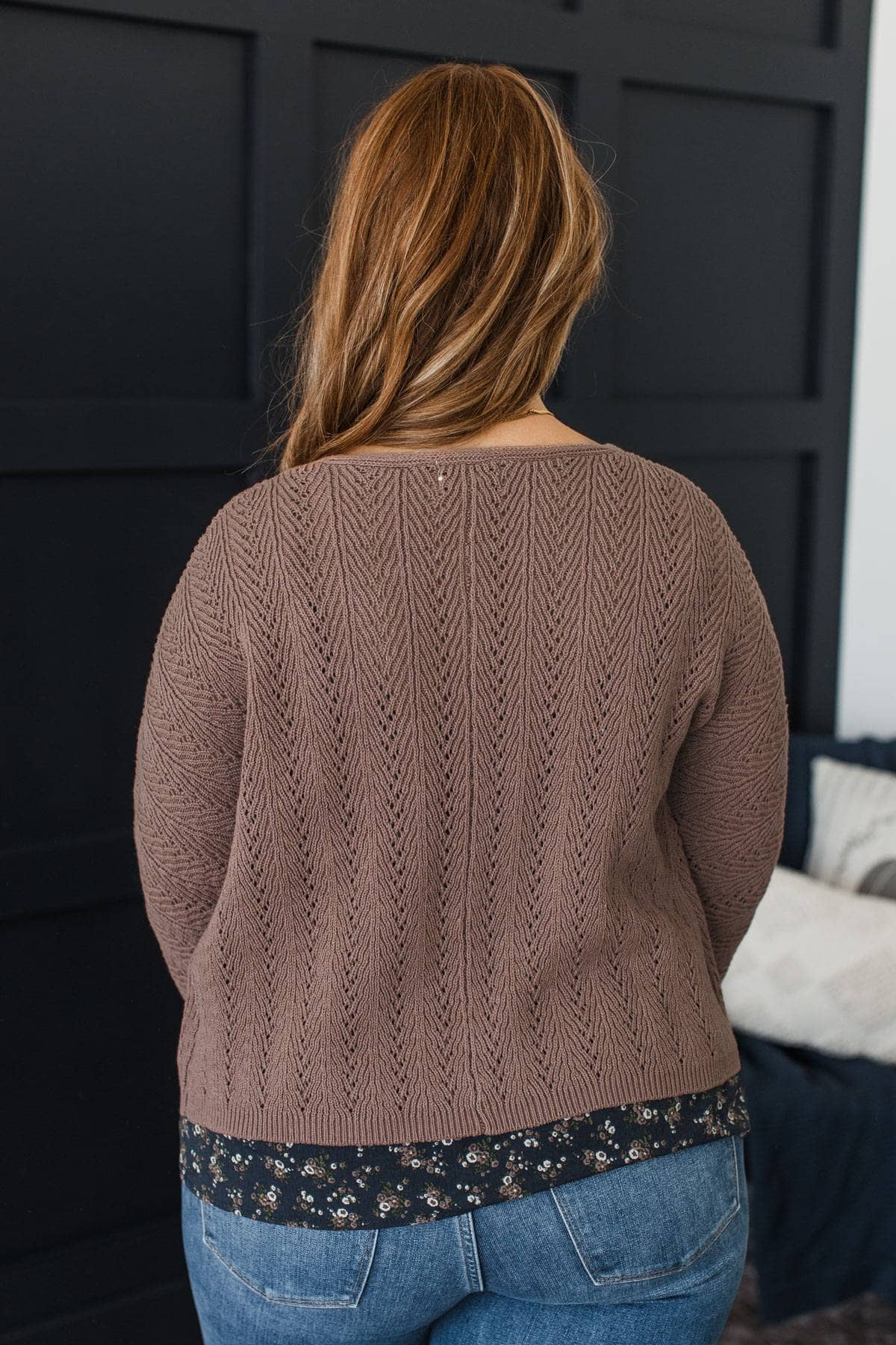 Confident Glow Crochet Knit Cardigan- Mocha Mousse