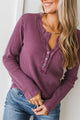 Wake Up Call Long Sleeve Waffle Henley Top- Dusty Violet
