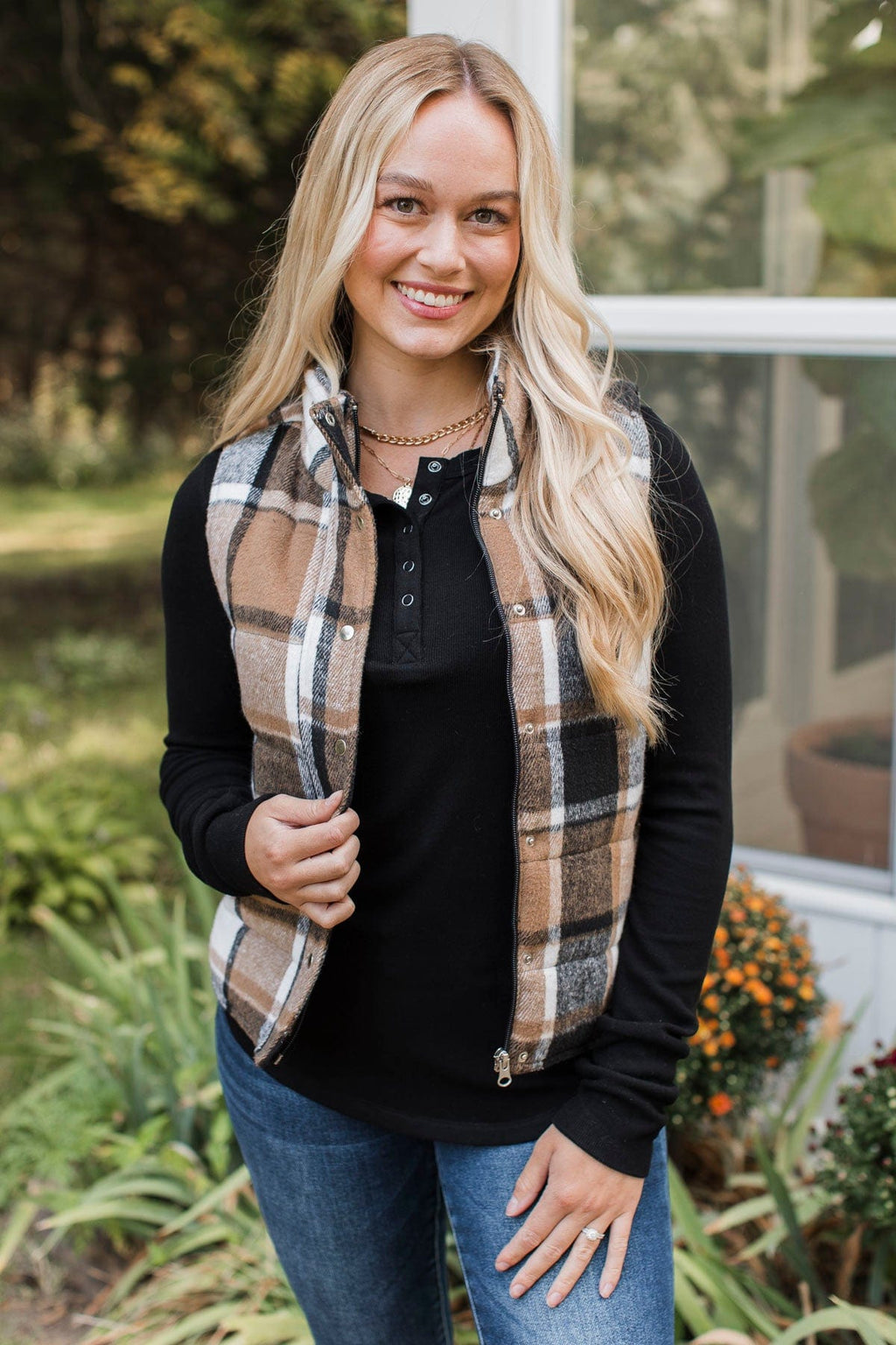 For You Always Plaid Puffer Vest- Black Tan