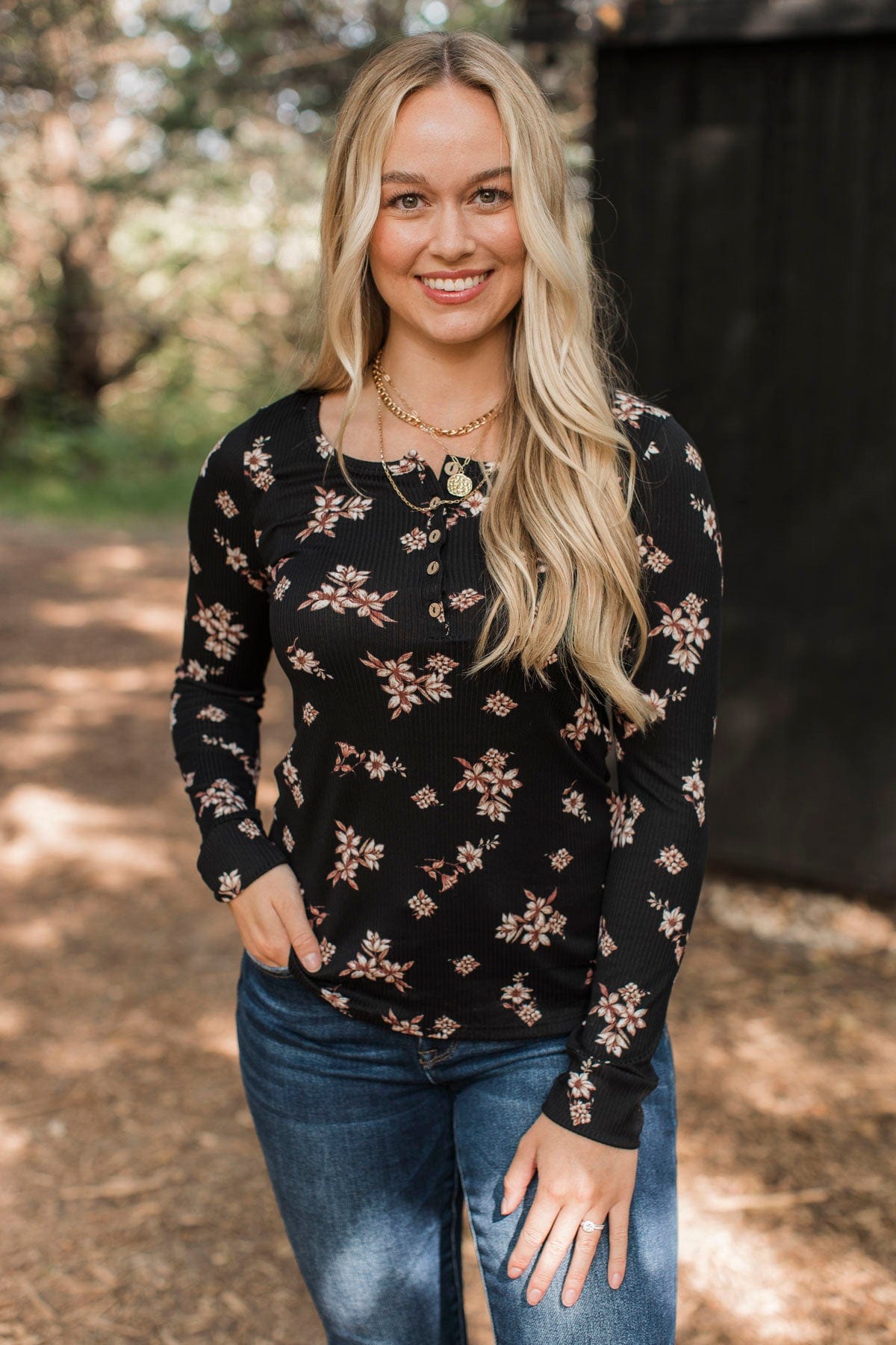Call Me Lovely Floral Henley Top- Black & Tan
