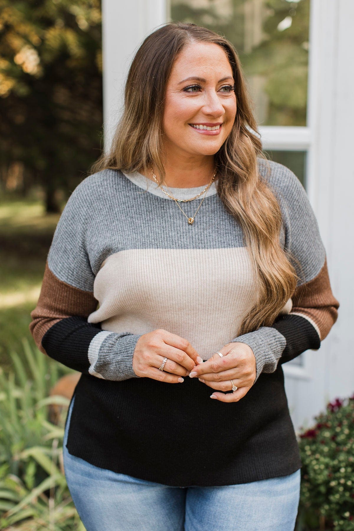 Grateful Feelings Color Block Sweater Charcoal Brown The Pulse Boutique