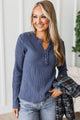 Wake Up Call Long Sleeve Waffle Henley Top- Heathered Blue