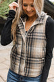 For You Always Plaid Puffer Vest- Beige & Black