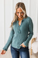 Wake Up Call Long Sleeve Waffle Henley Top- Teal