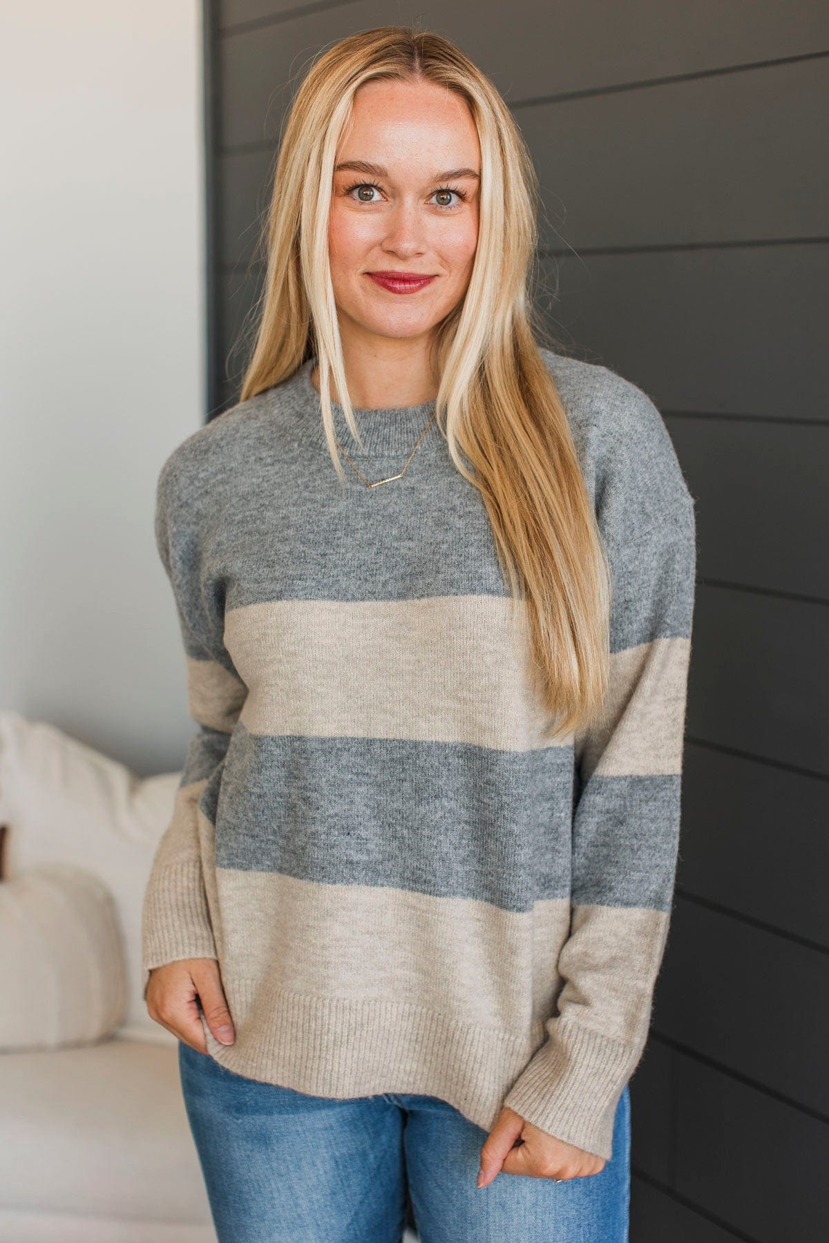 New Aspirations Striped Sweater- Heather Grey