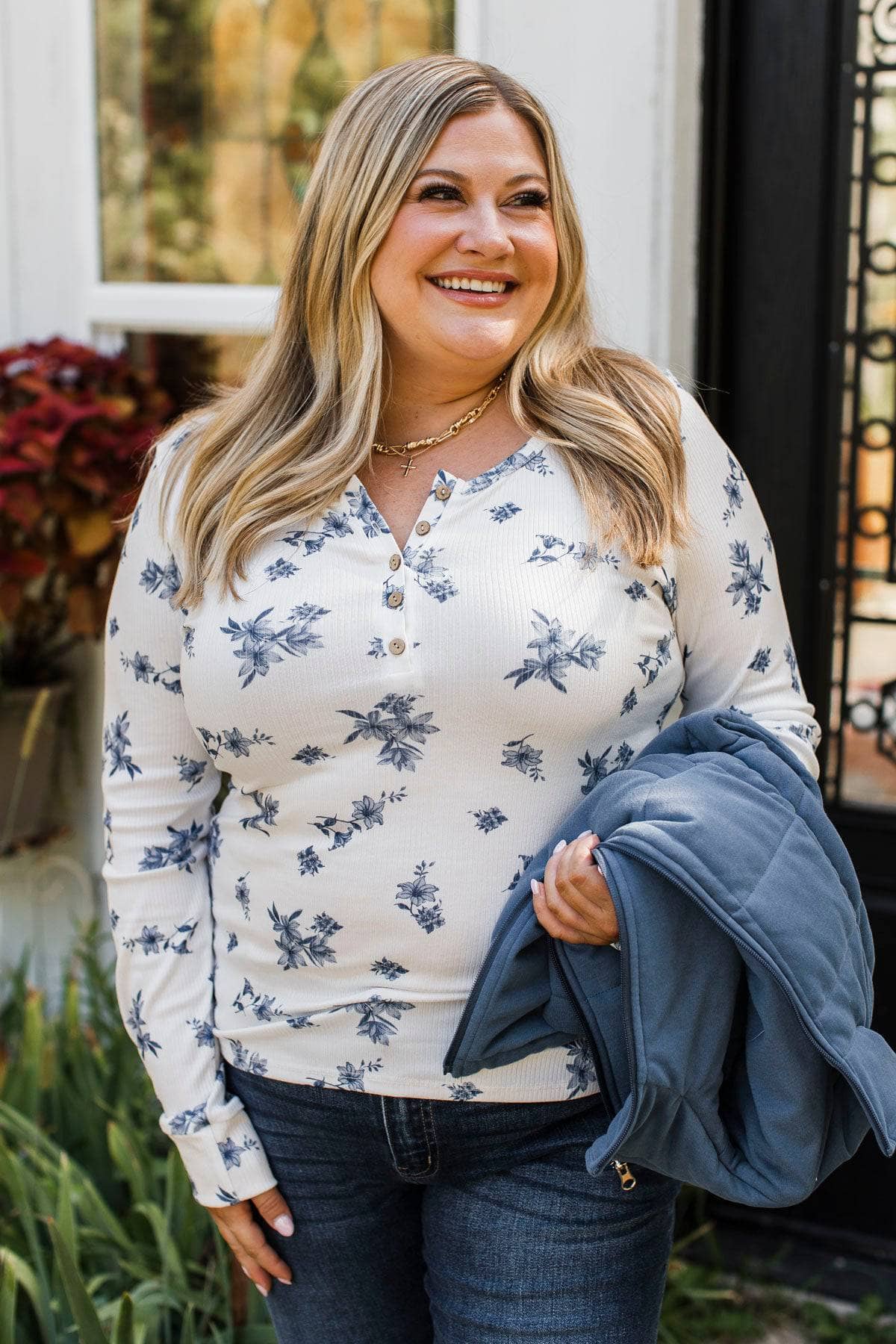 Call Me Lovely Floral Henley Top- White & Navy