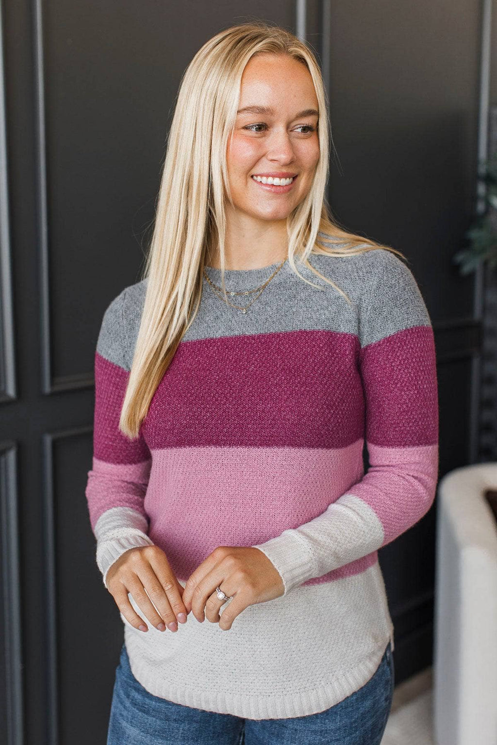 All About Spring Color Block Knit Sweater- Magenta Mauve