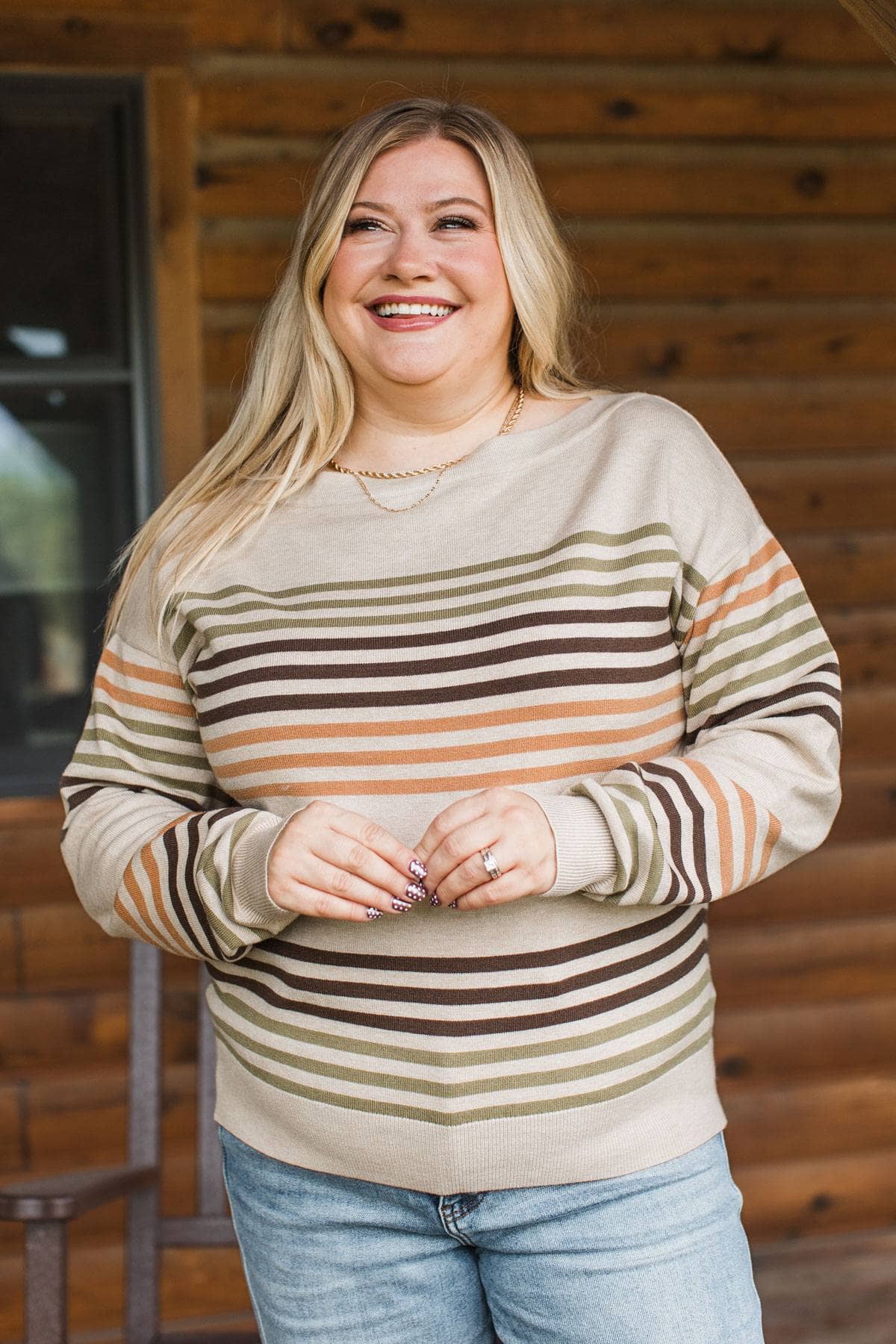 Fall Horizons Striped Boat Neck Sweater- Linen & Moss