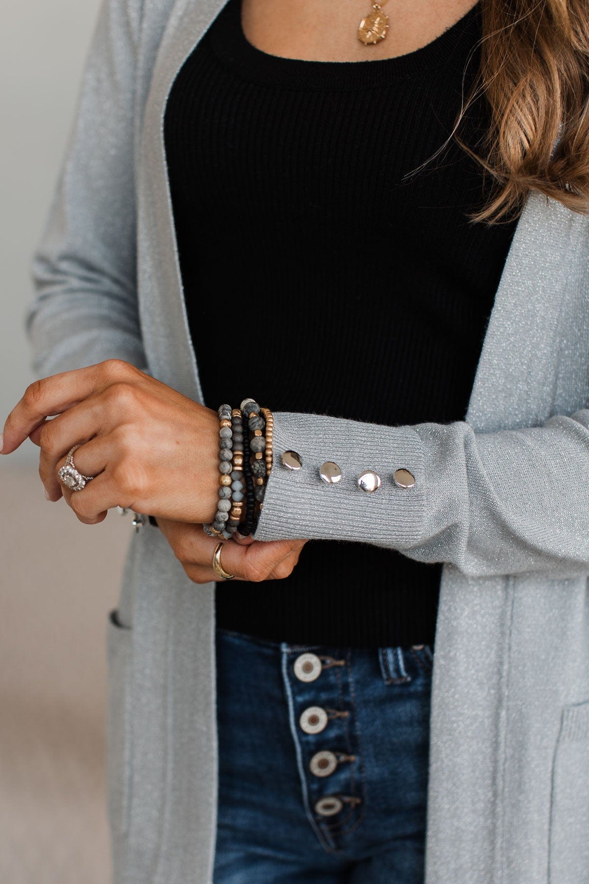 Love Without End Lurex Knit Cardigan- Silver