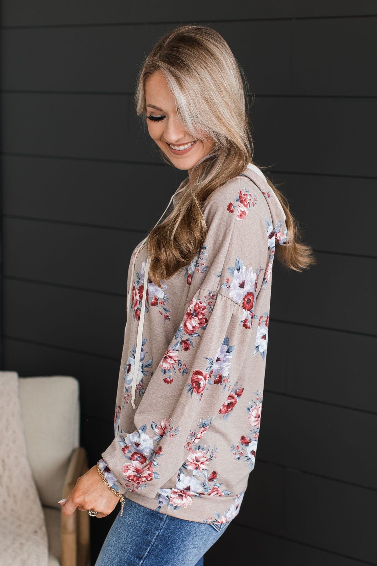 Perfectly Sweet Hooded Floral Top- Taupe
