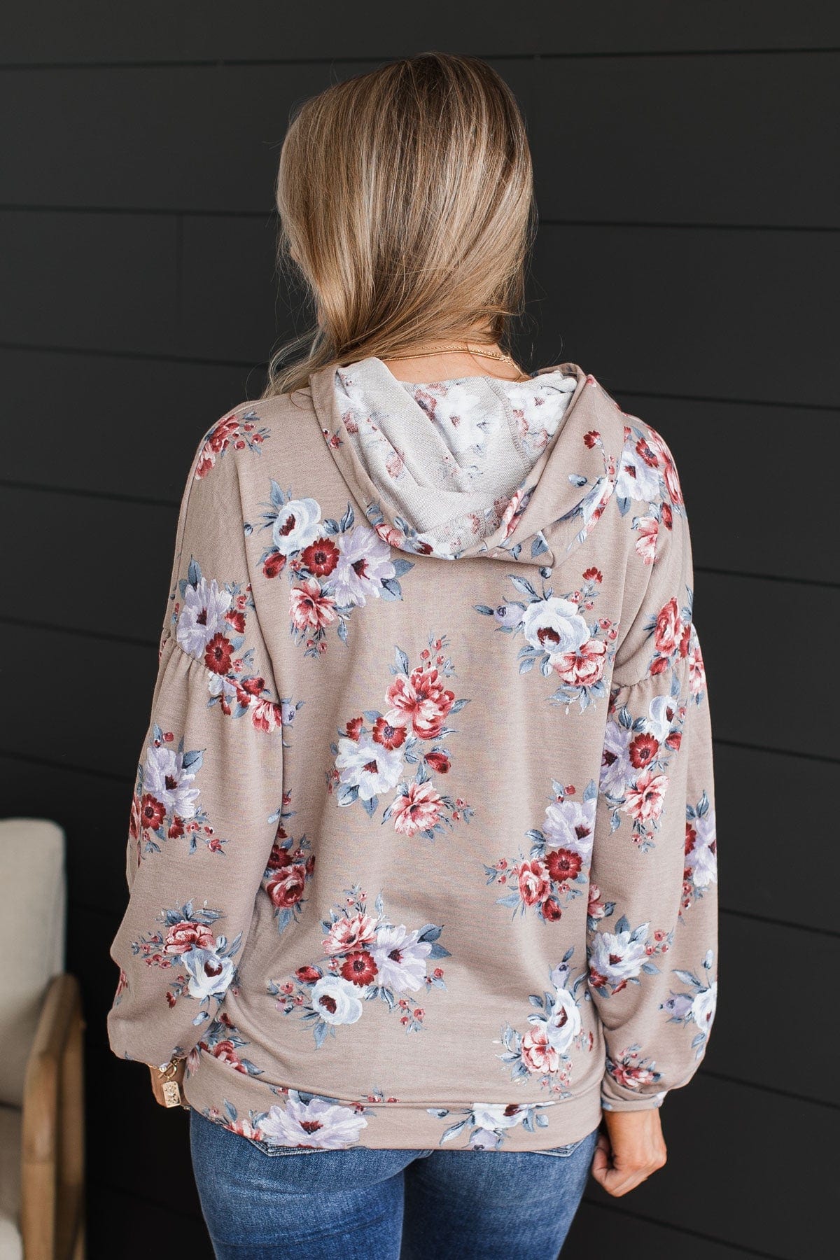 Perfectly Sweet Hooded Floral Top- Taupe