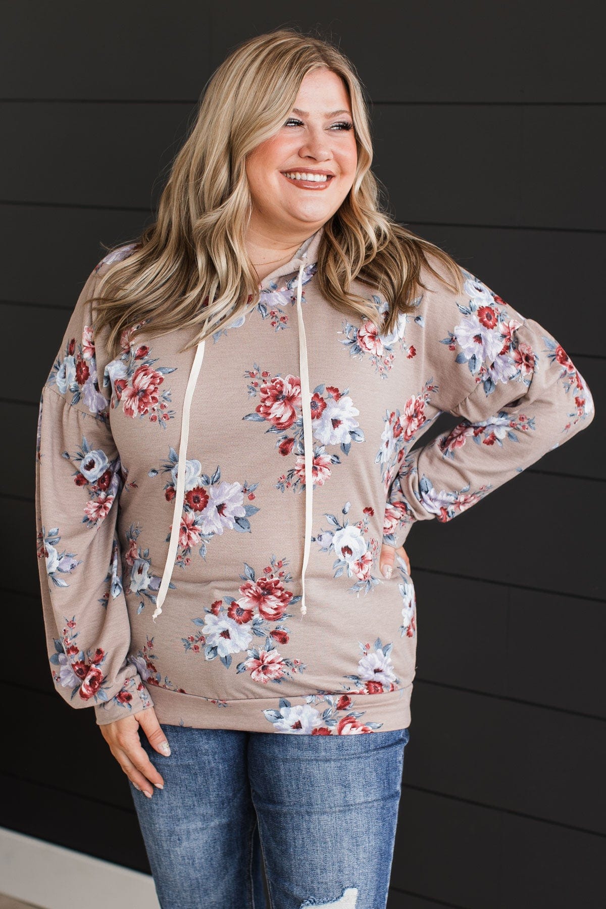 Perfectly Sweet Hooded Floral Top- Taupe