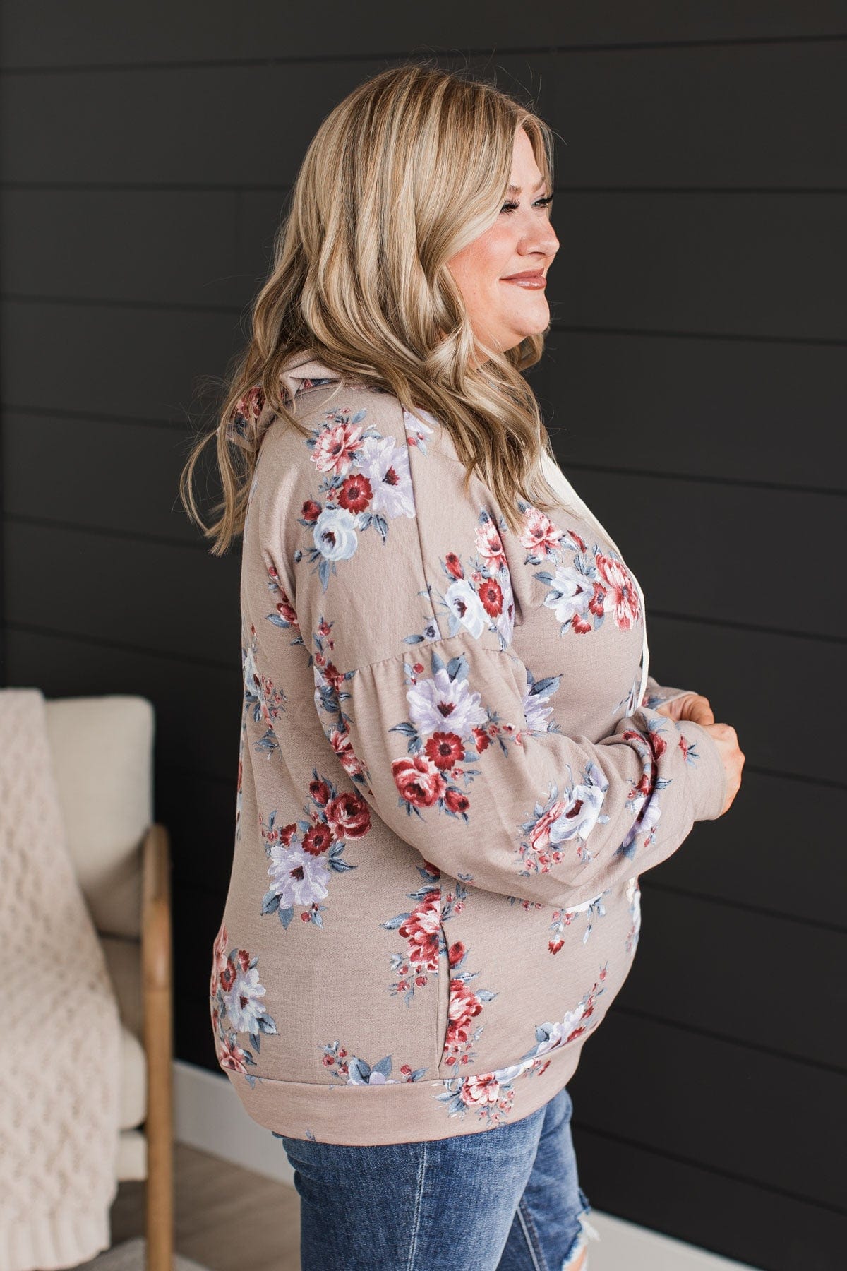 Perfectly Sweet Hooded Floral Top- Taupe